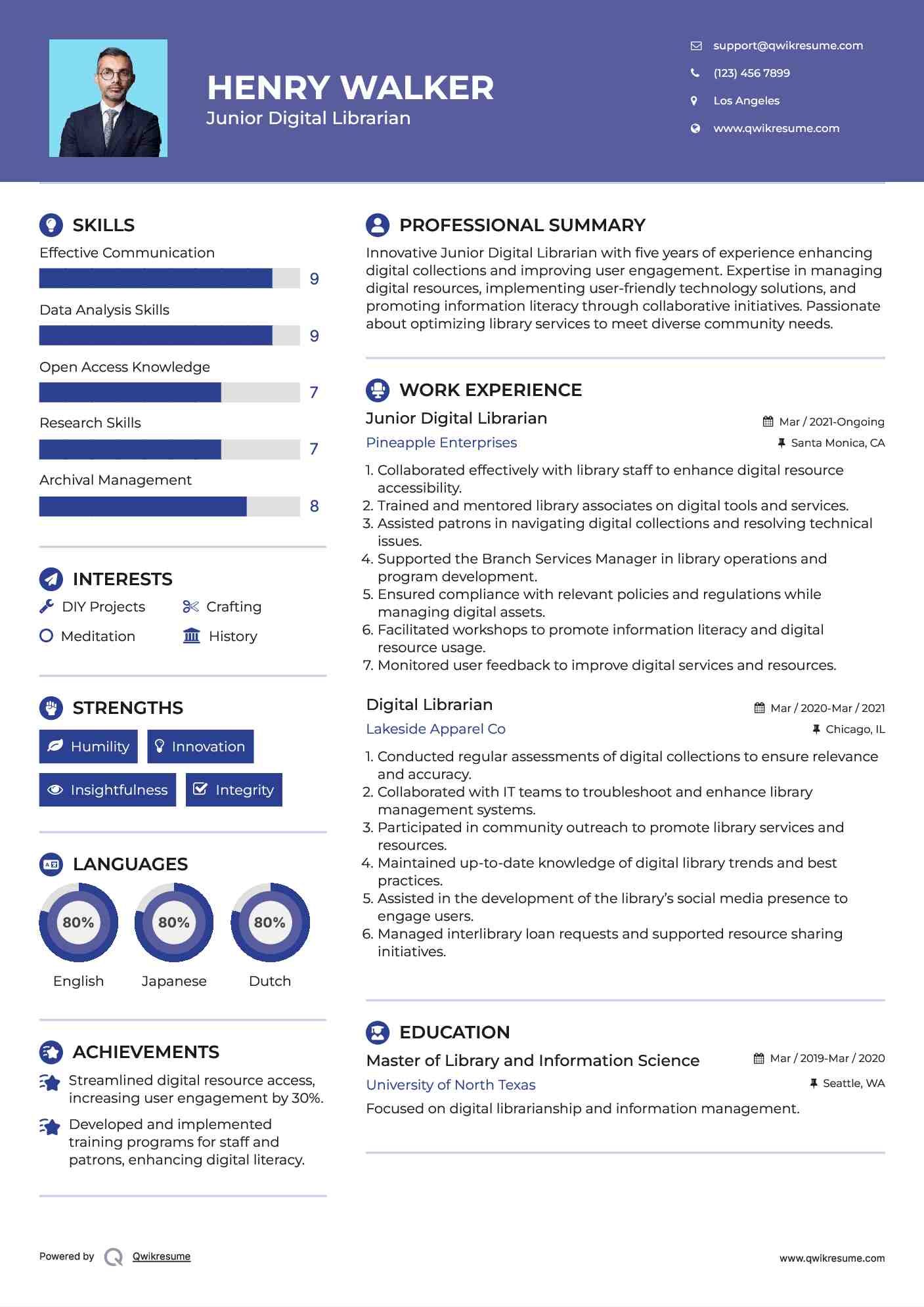 Junior Digital Librarian Resume Example