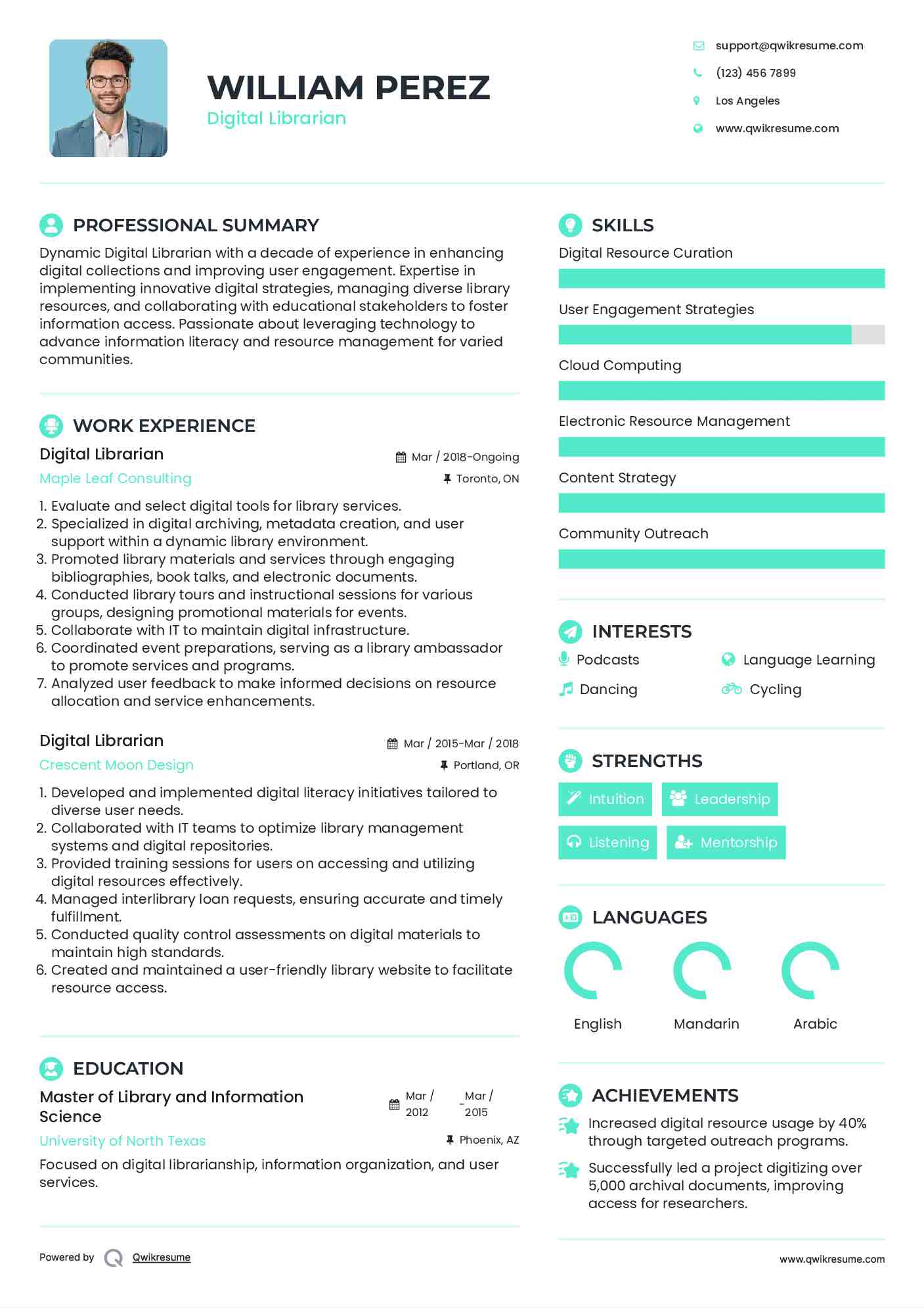 Digital Librarian Resume Model