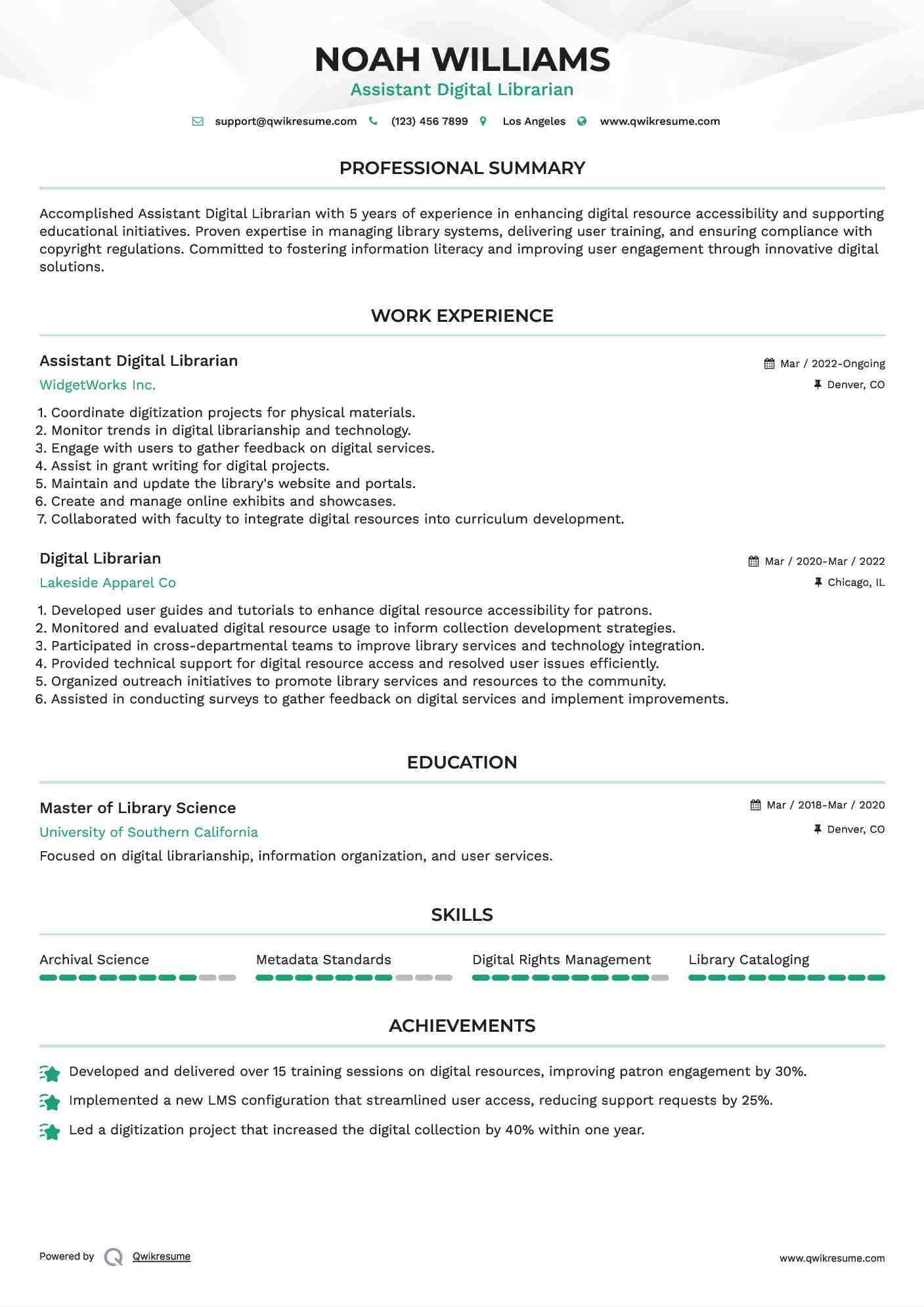 Assistant Digital Librarian Resume Model