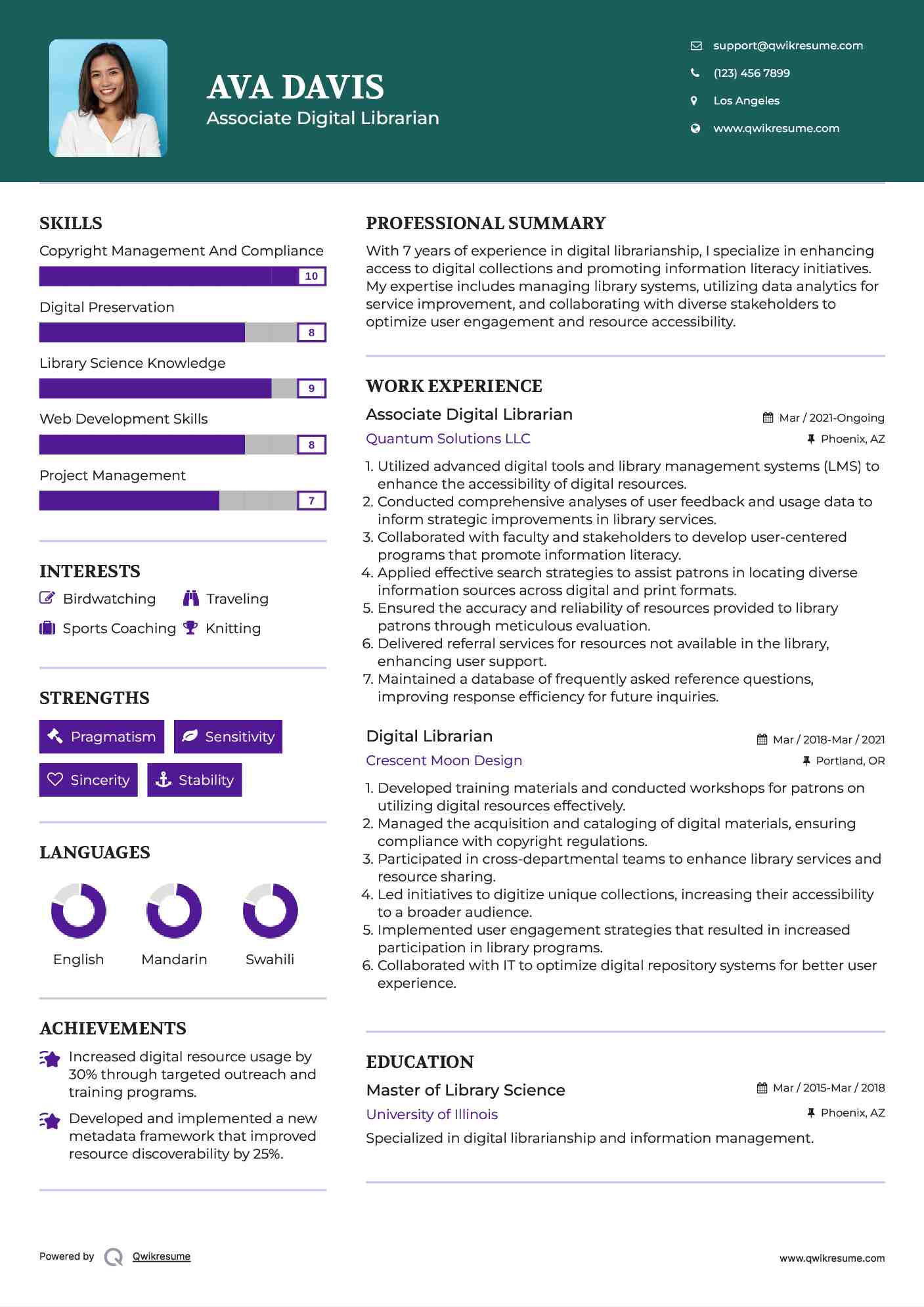 Associate Digital Librarian Resume Example