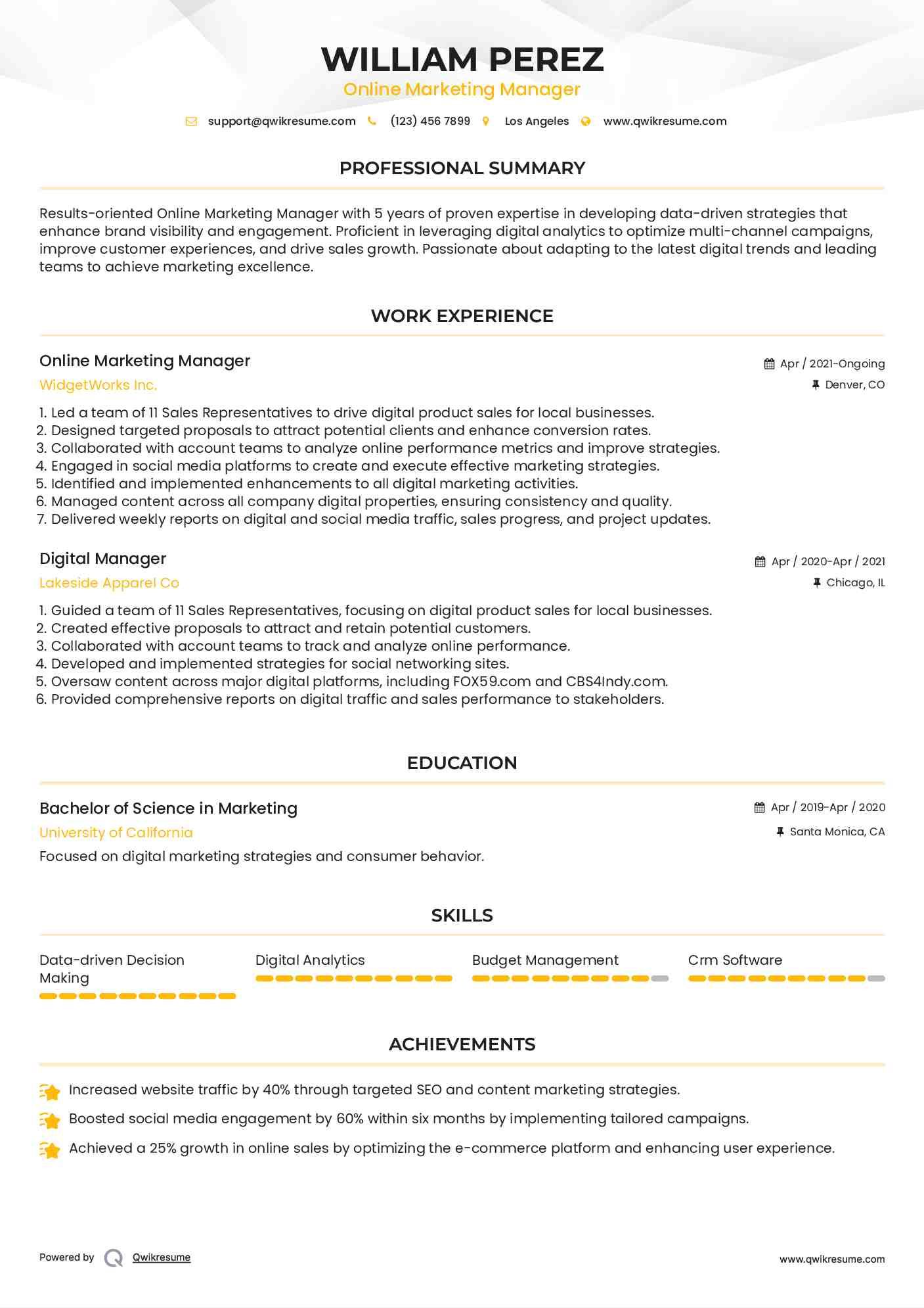 Online Marketing Manager Resume Template