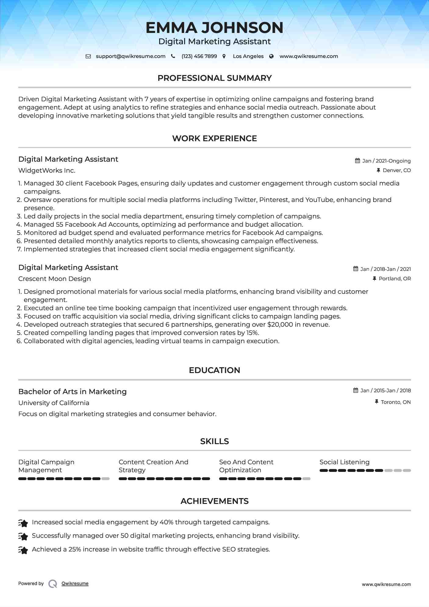 Digital Marketing Assistant Resume Format