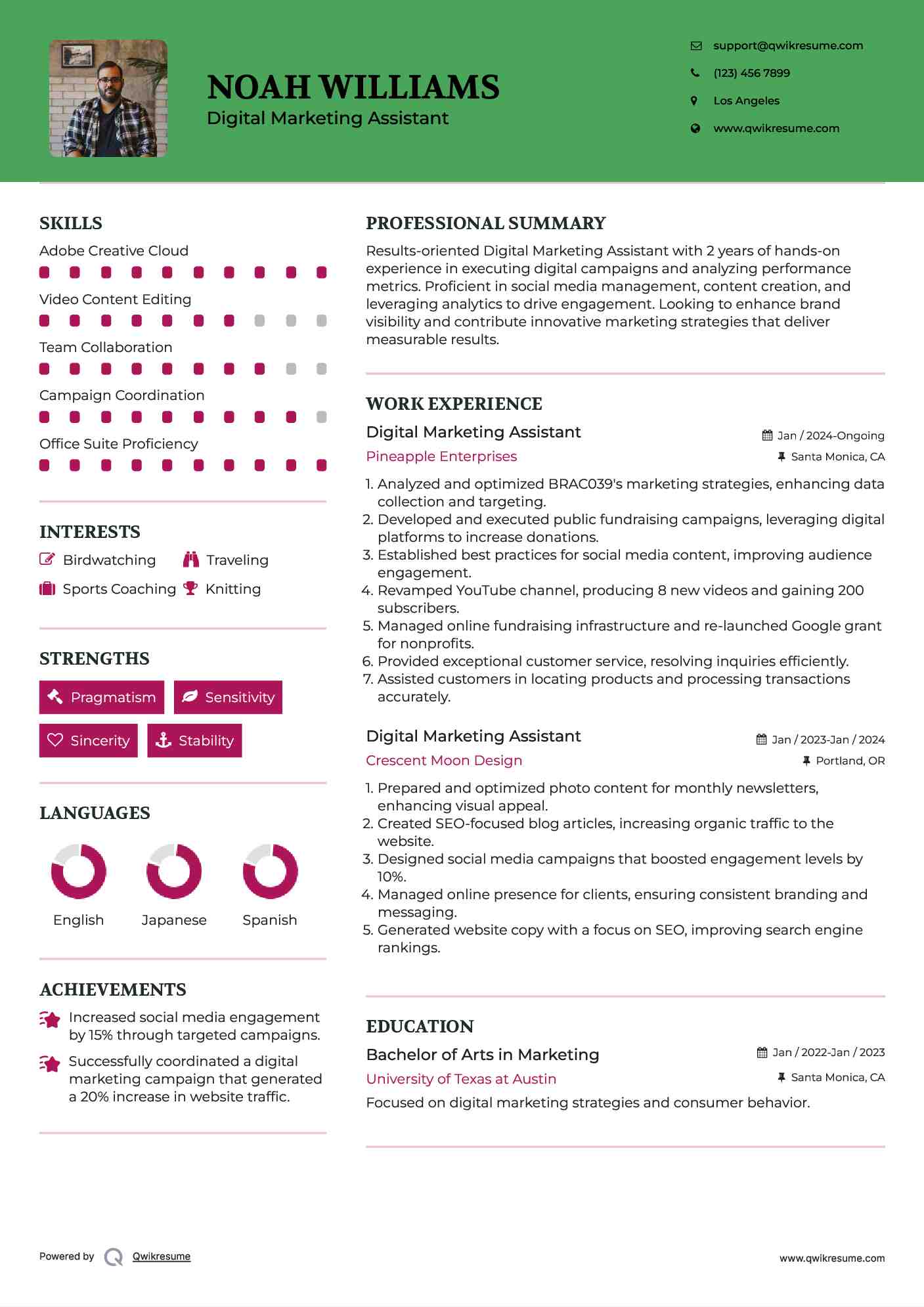 Digital Marketing Assistant Resume Format