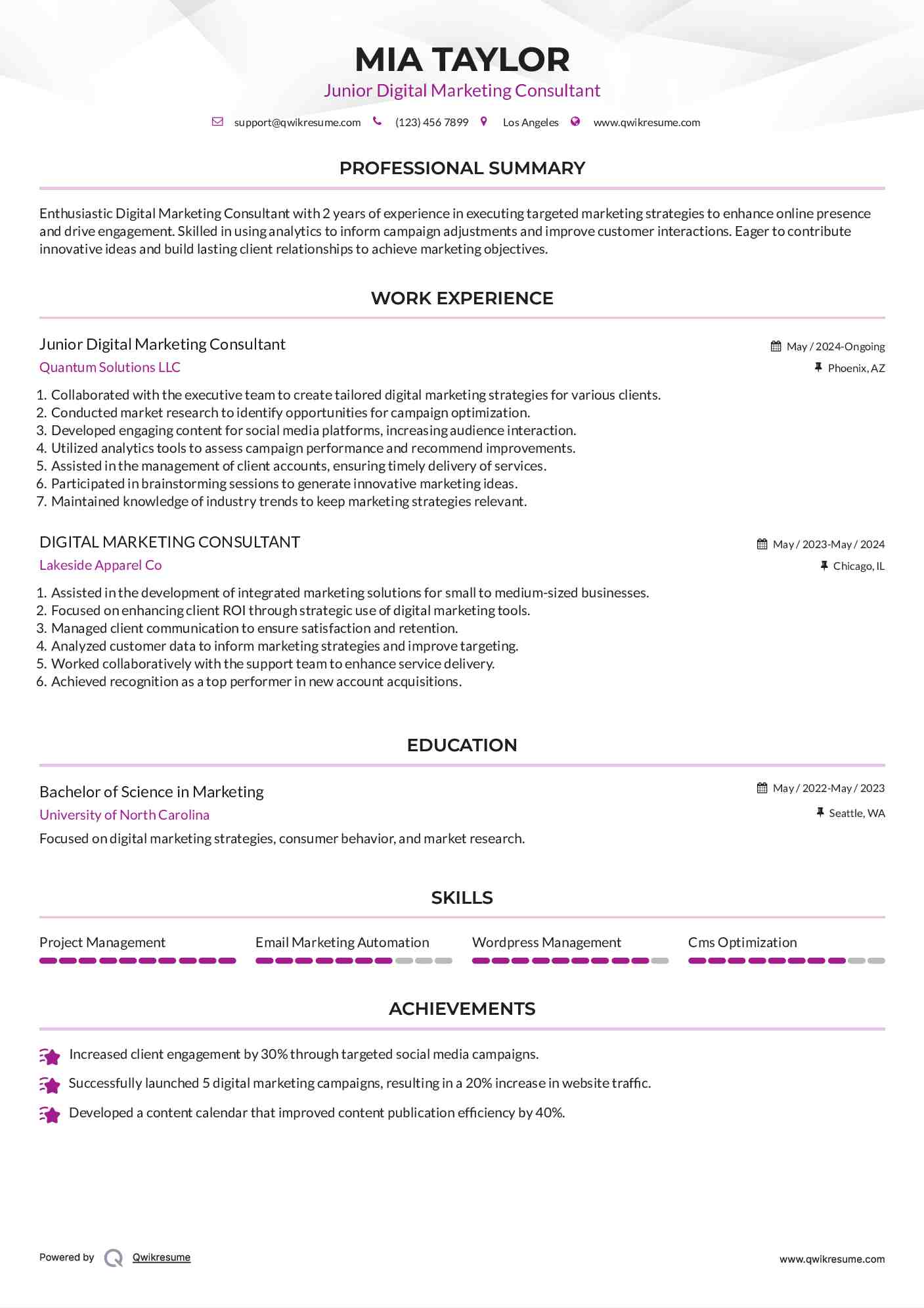 Junior Digital Marketing Consultant Resume Sample