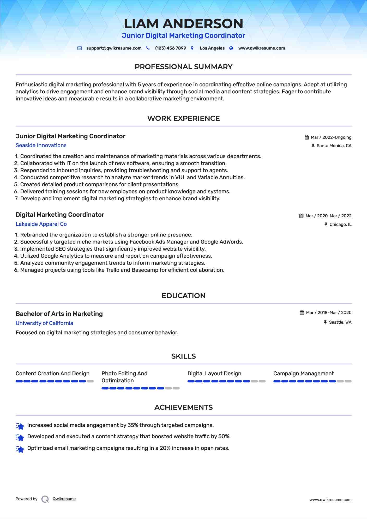 Junior Digital Marketing Coordinator Resume Sample