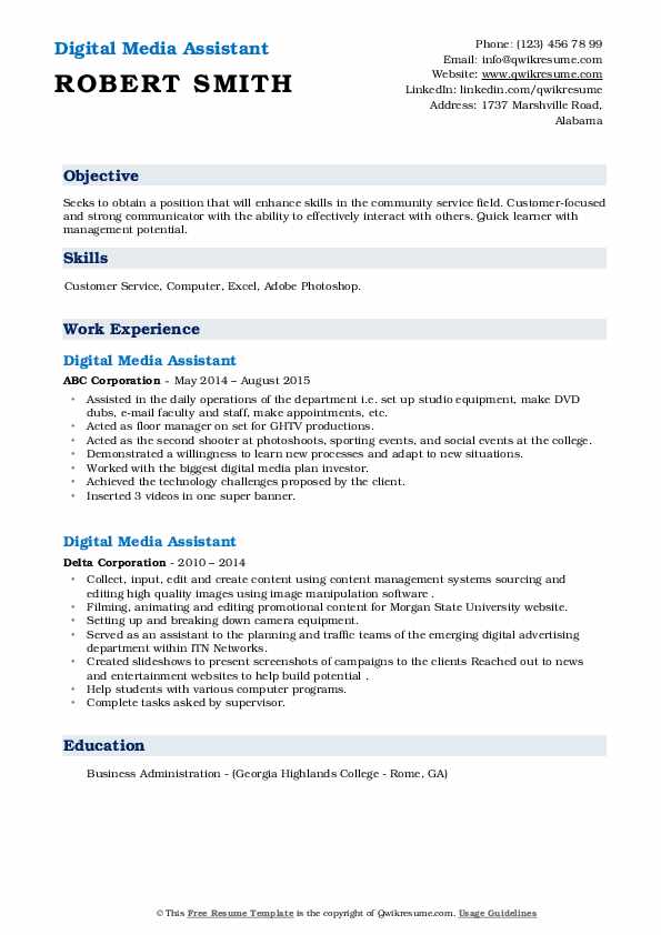 Digital Media Assistant Resume Samples QwikResume