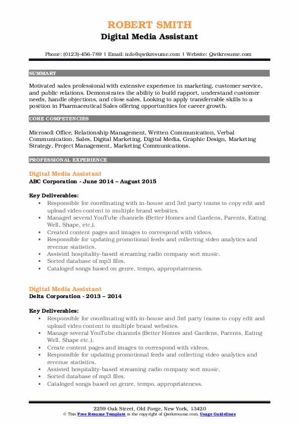Digital Media Assistant Resume Samples QwikResume
