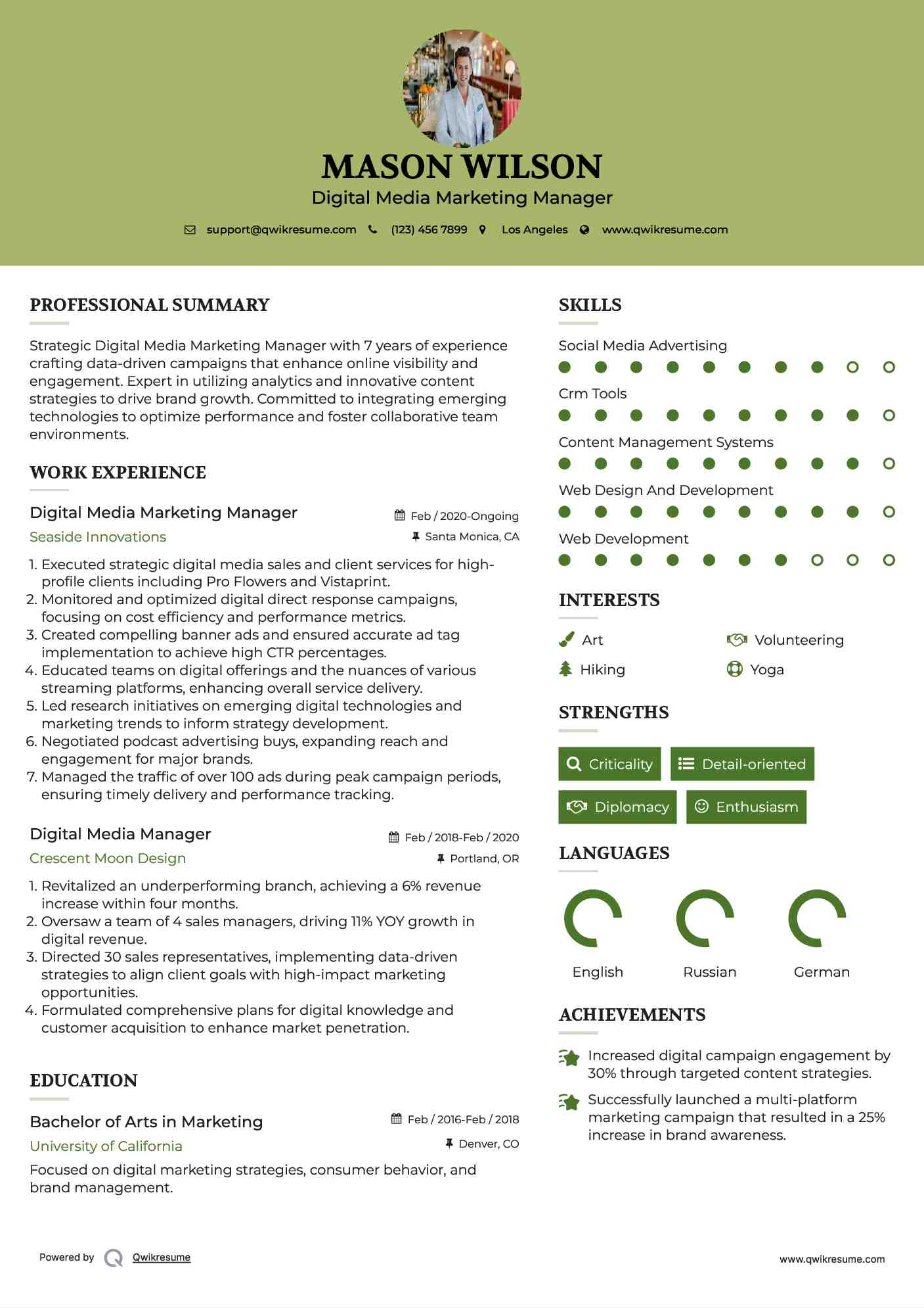 Digital Media Marketing Manager Resume Sample
