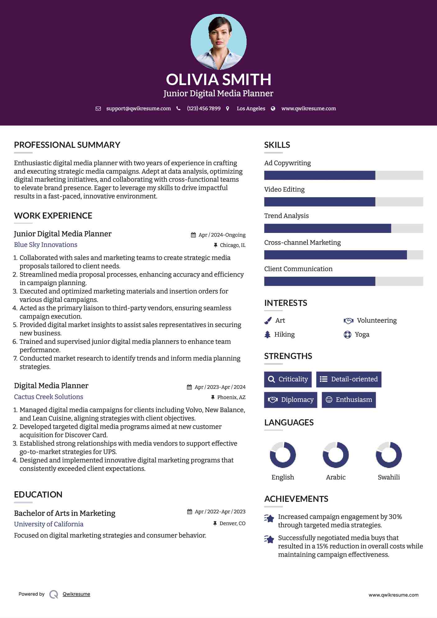 Junior Digital Media Planner Resume Example