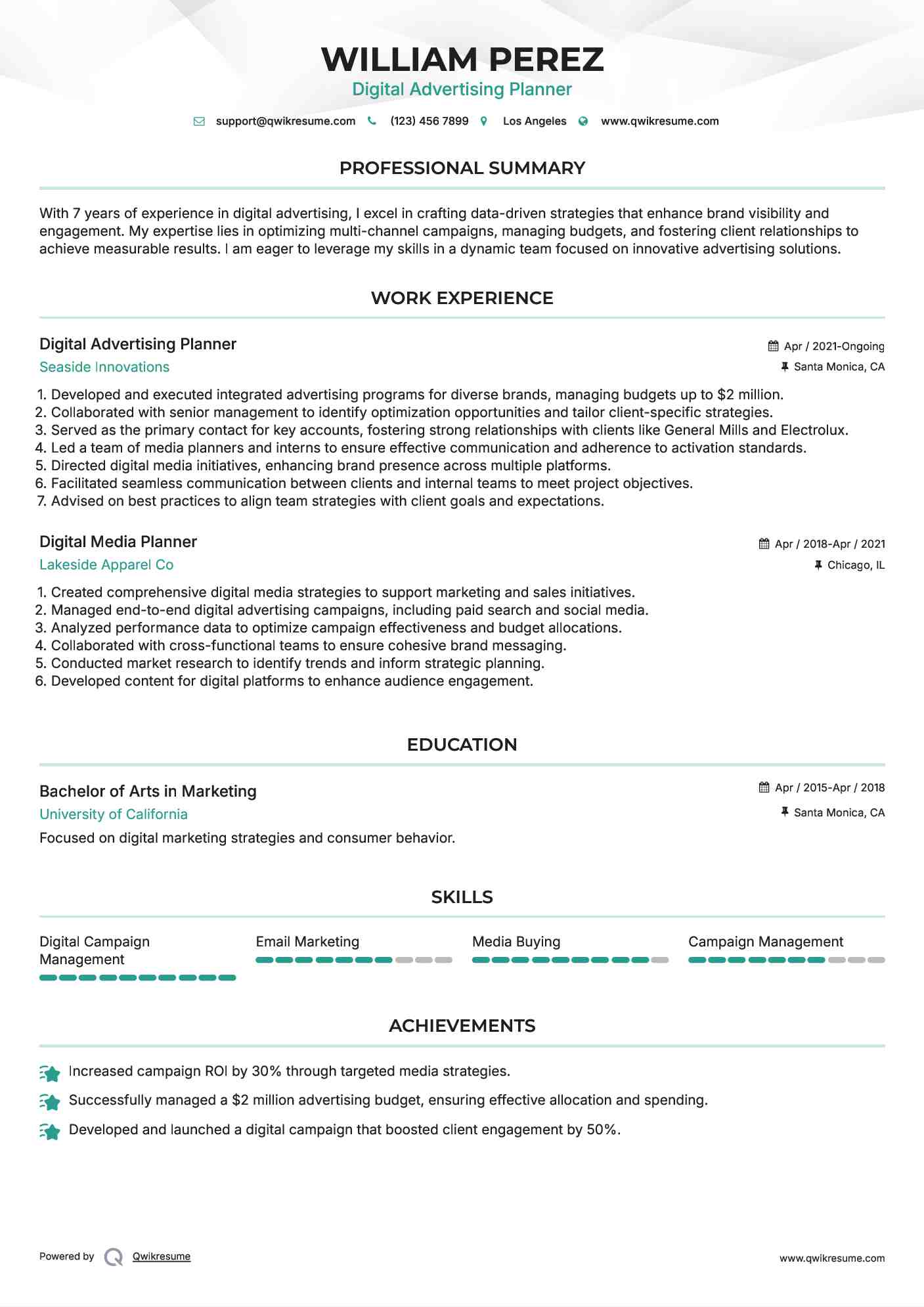 Digital Advertising Planner Resume Template