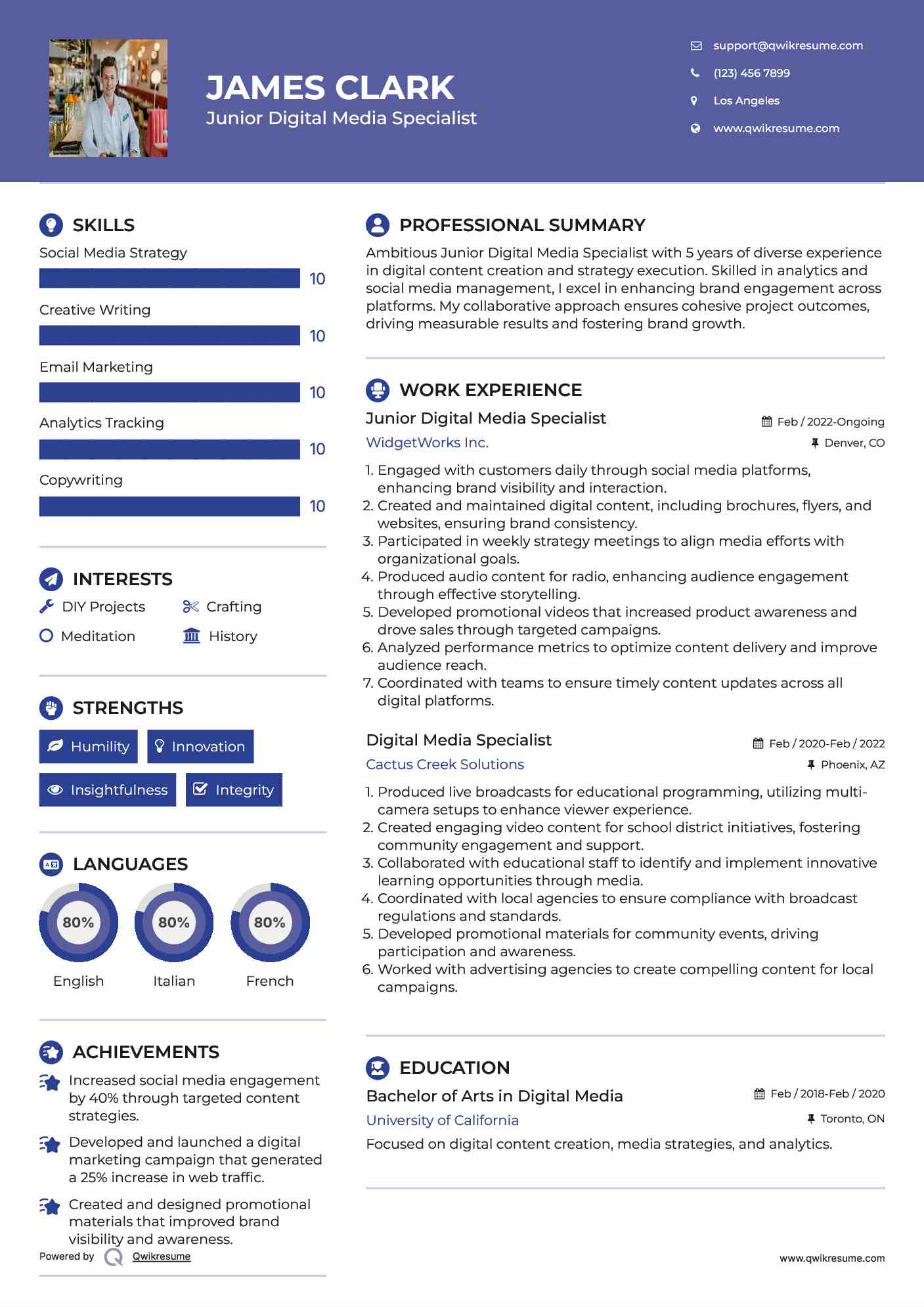 Junior Digital Media Specialist  Resume Example