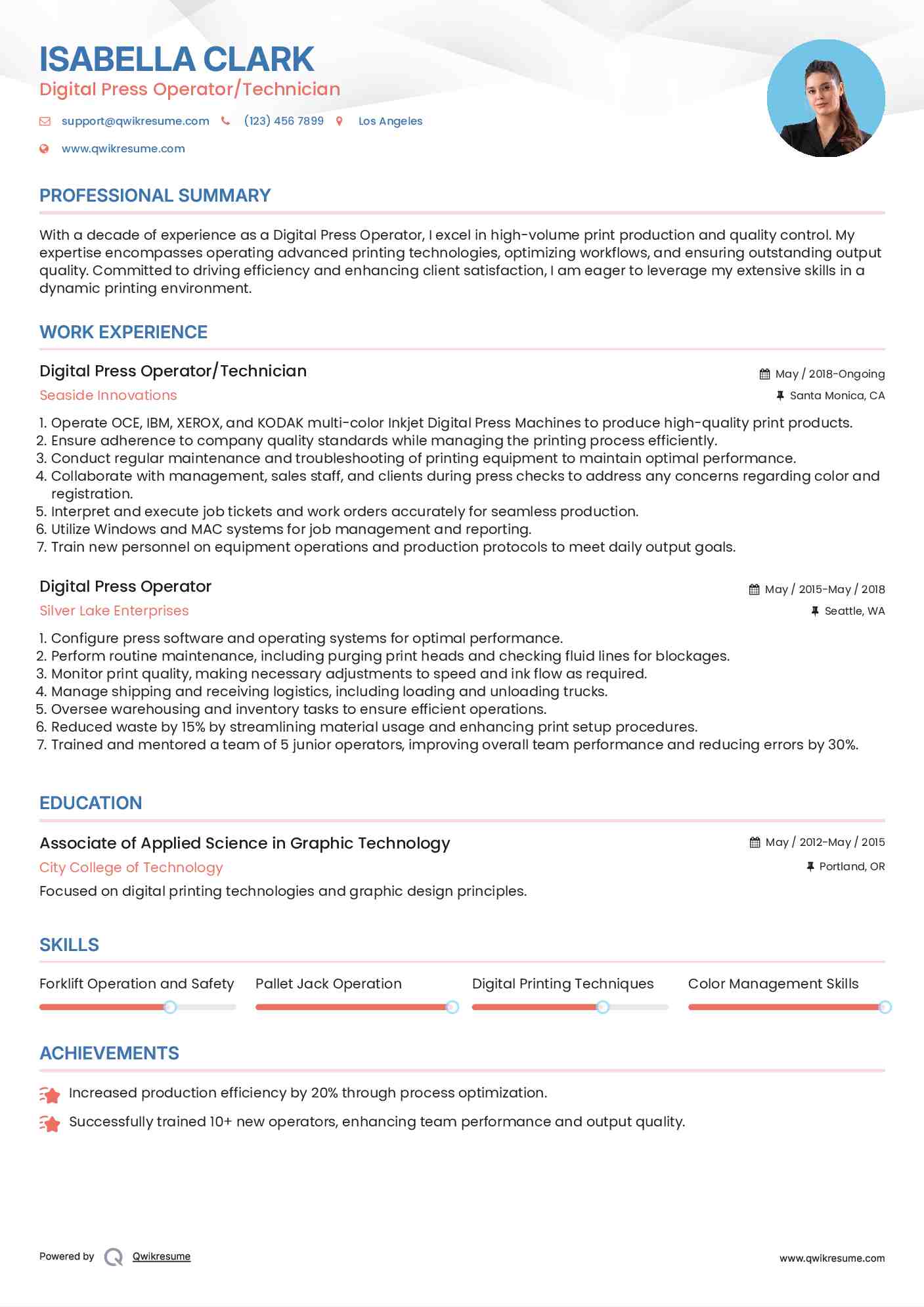 Digital Press Operator/Technician Resume Format