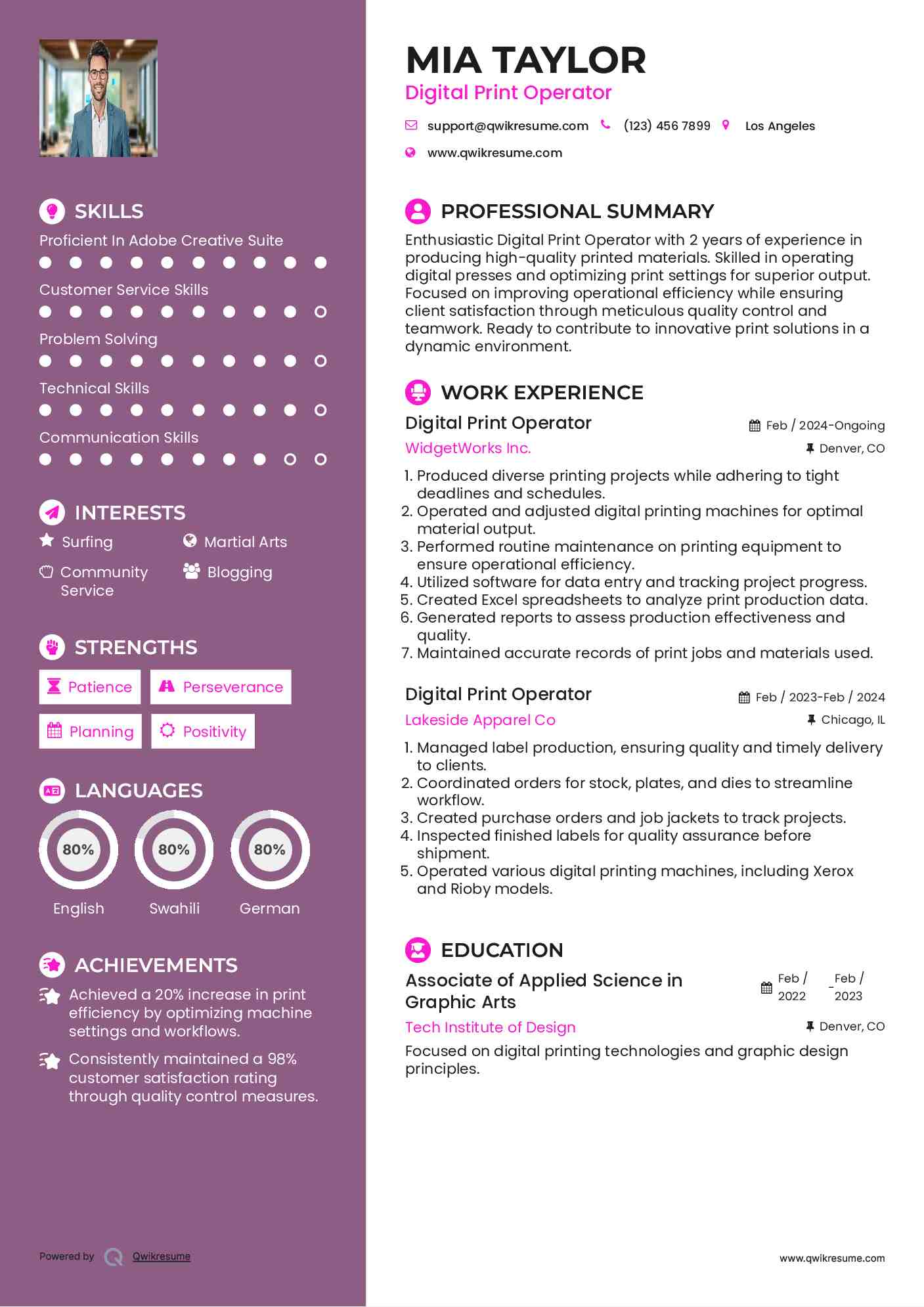 Digital Print Operator Resume Samples QwikResume