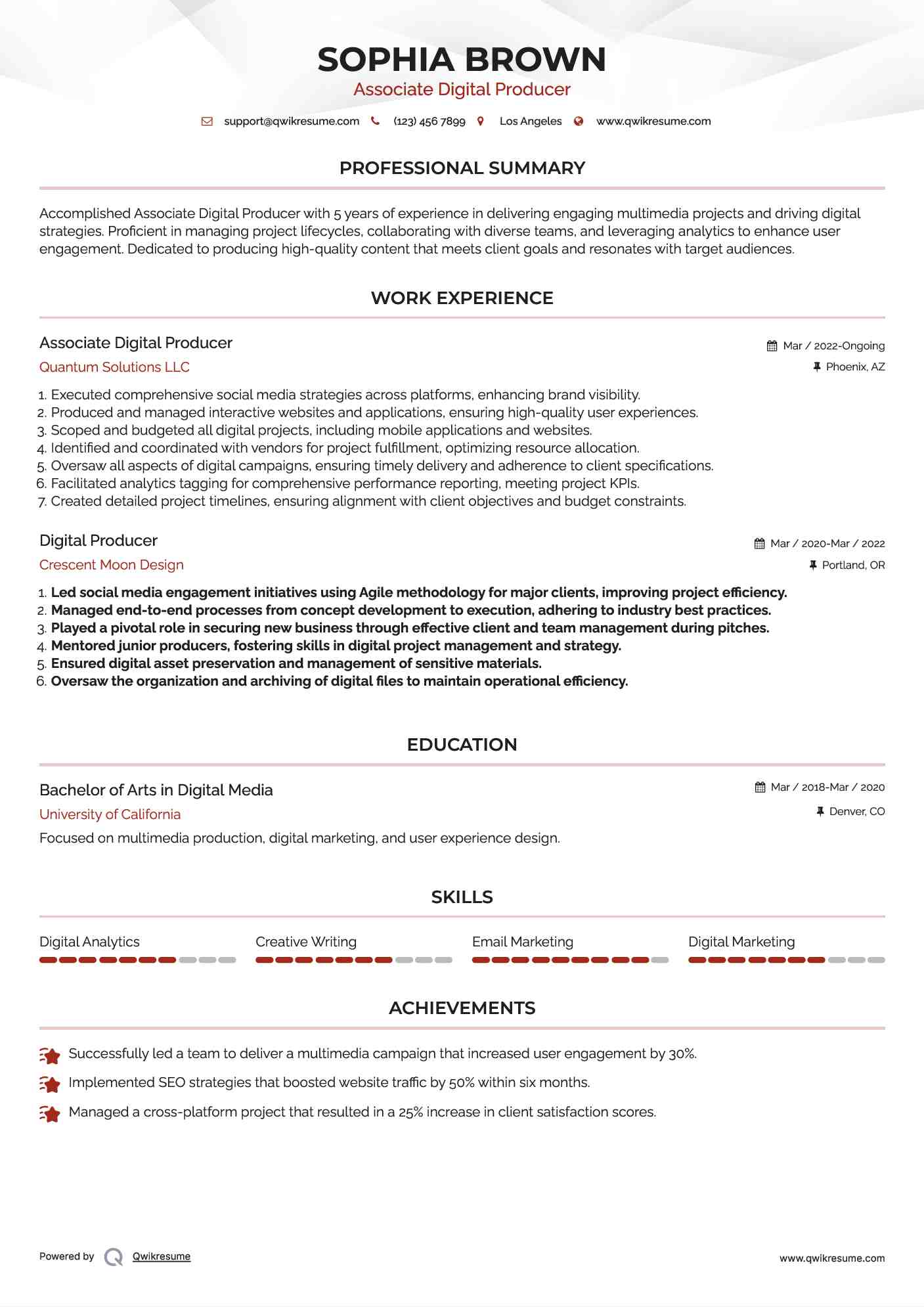 Associate Digital Producer Resume Model