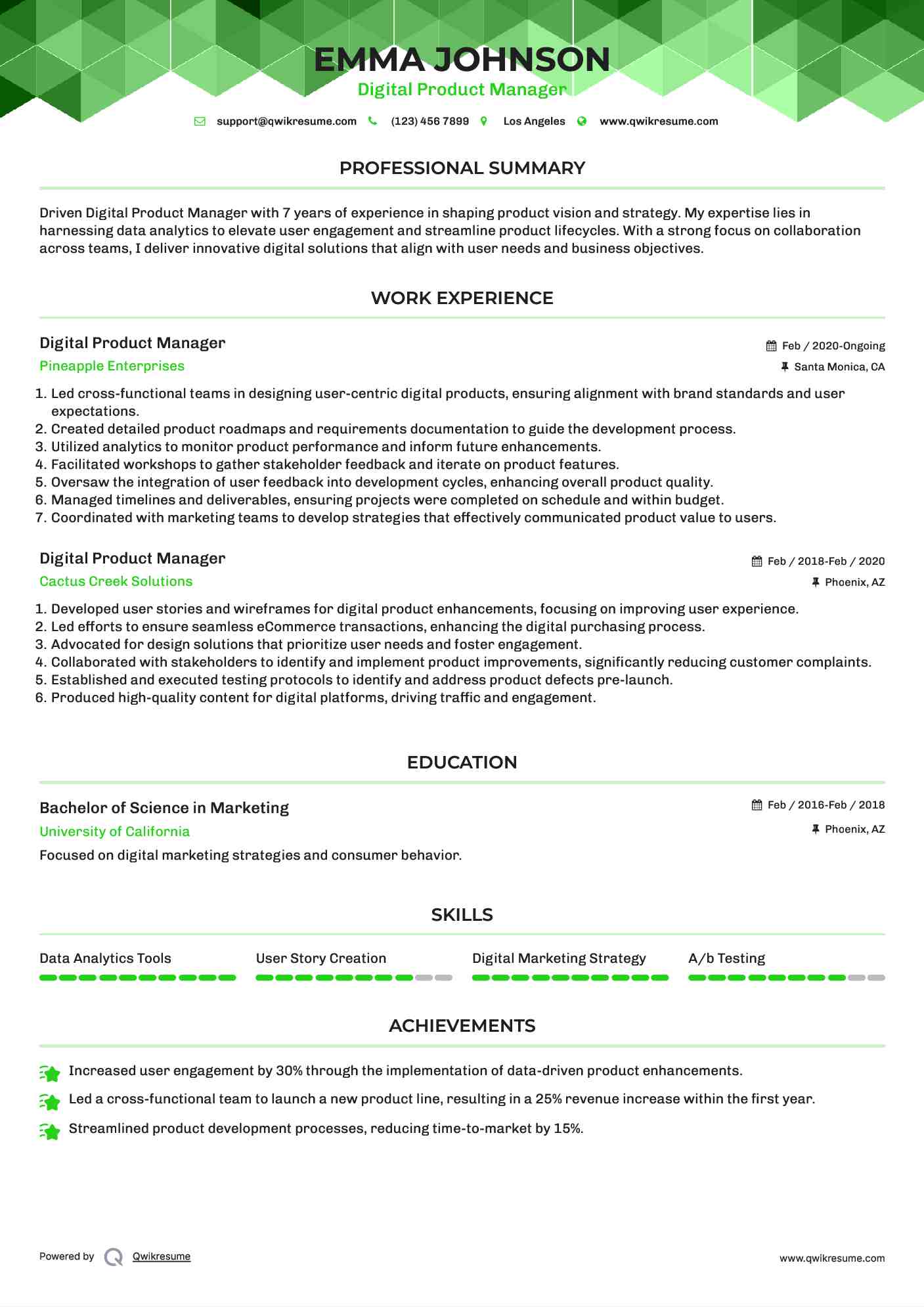 Digital Product Manager Resume Template