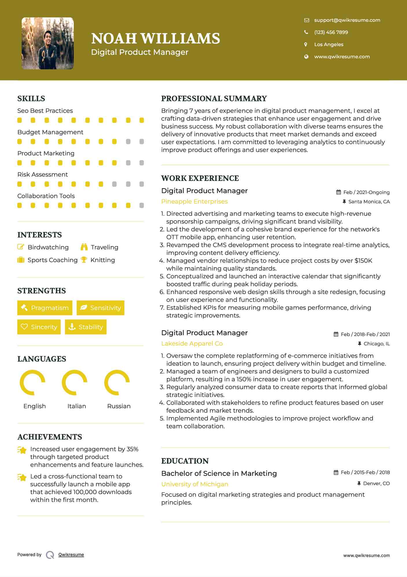 Digital Product Manager Resume Model