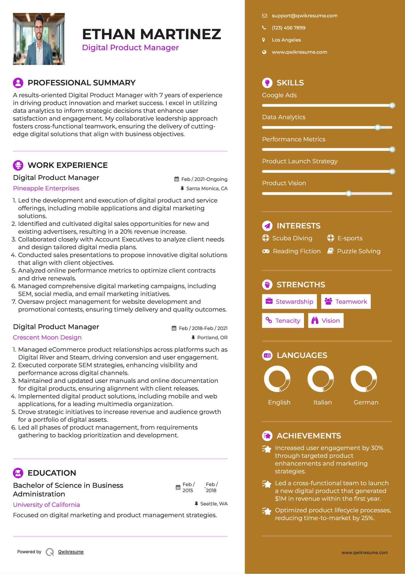 Digital Product Manager Resume Template