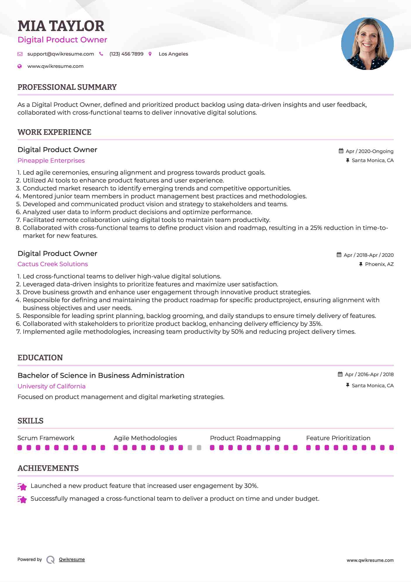 Digital Product Owner Resume Example