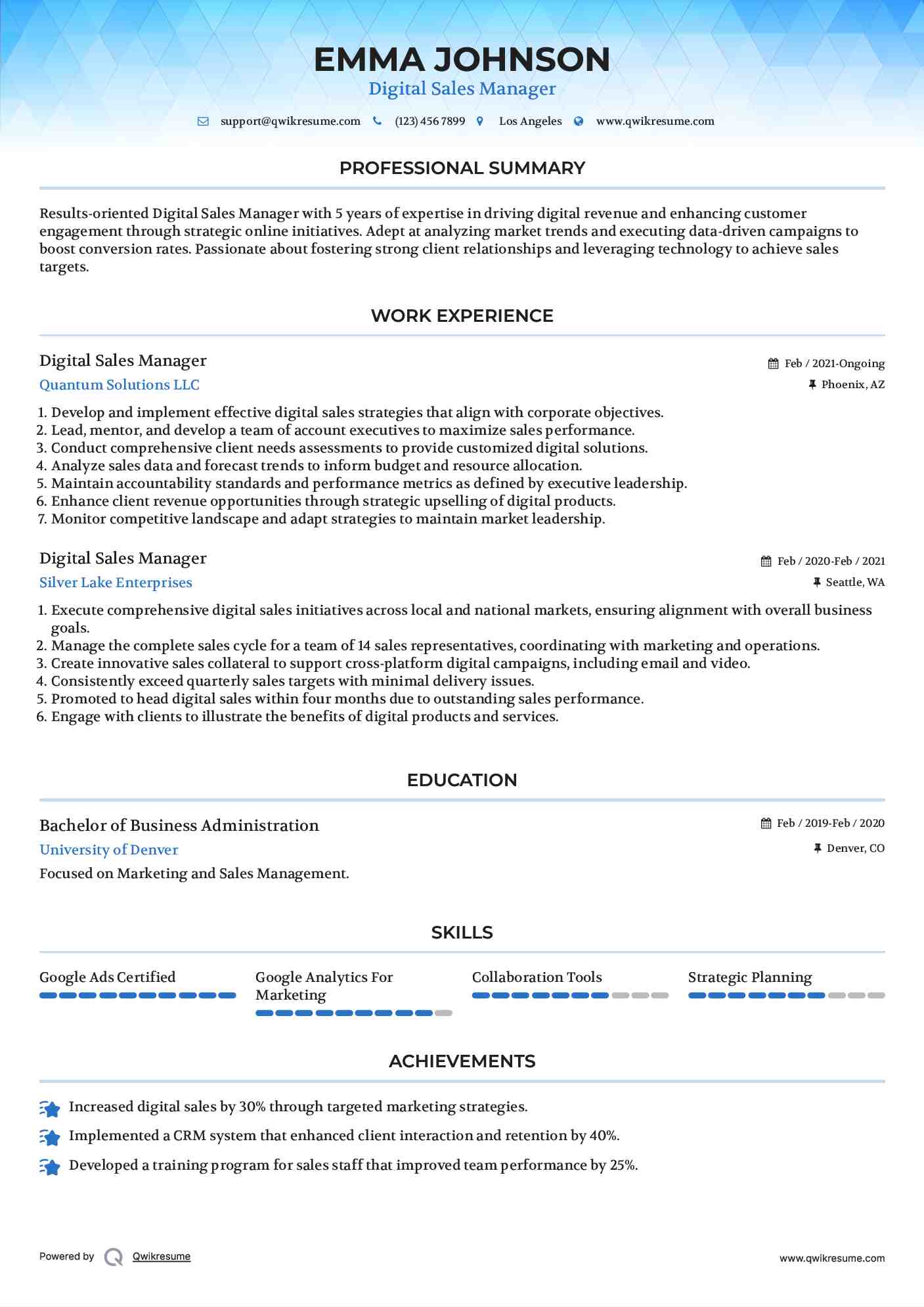 Digital Sales Manager Resume Sample