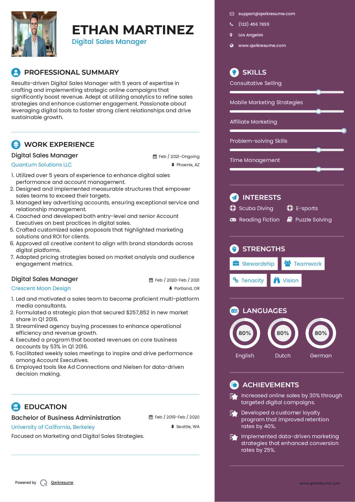 Digital Sales Manager Resume Sample
