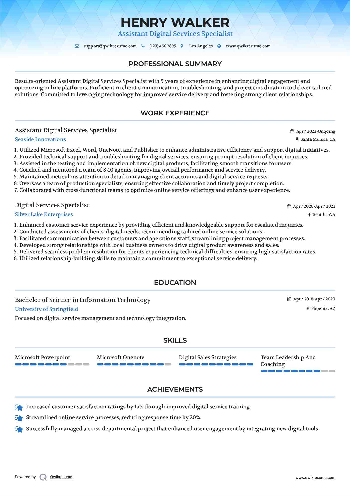 Assistant Digital Services Specialist Resume Example
