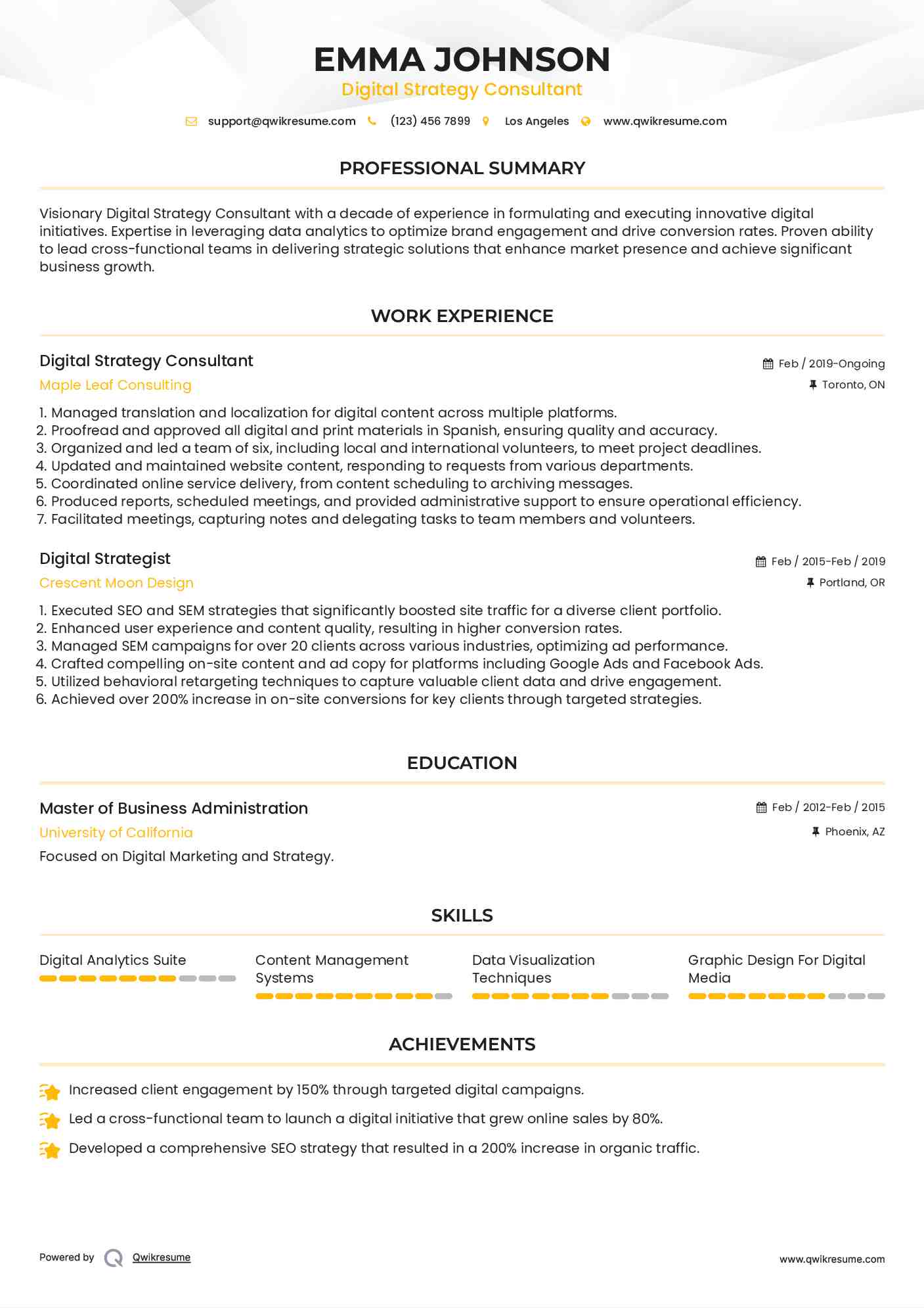 Digital Strategy Consultant Resume Model