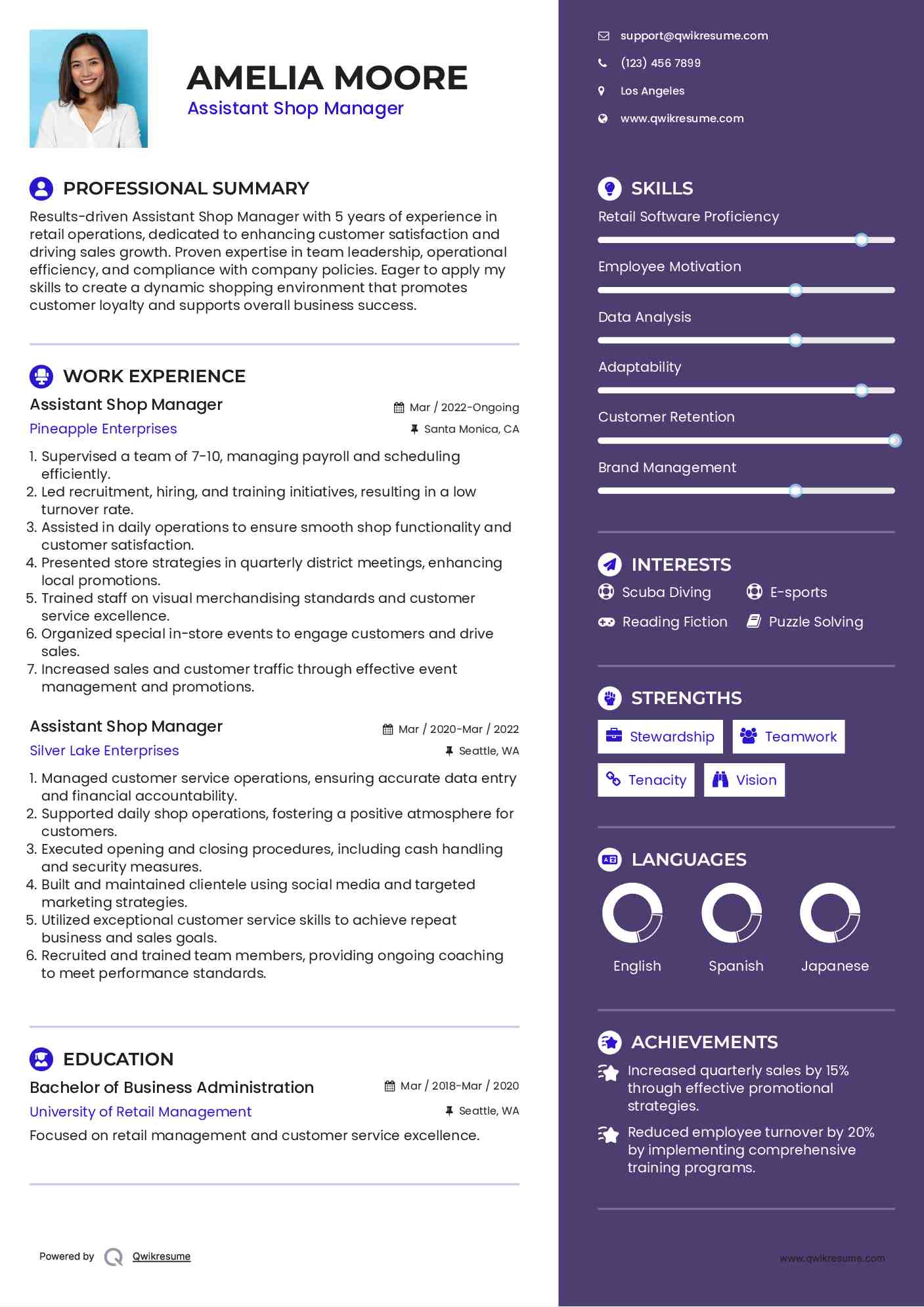 Assistant Shop Manager Resume Format