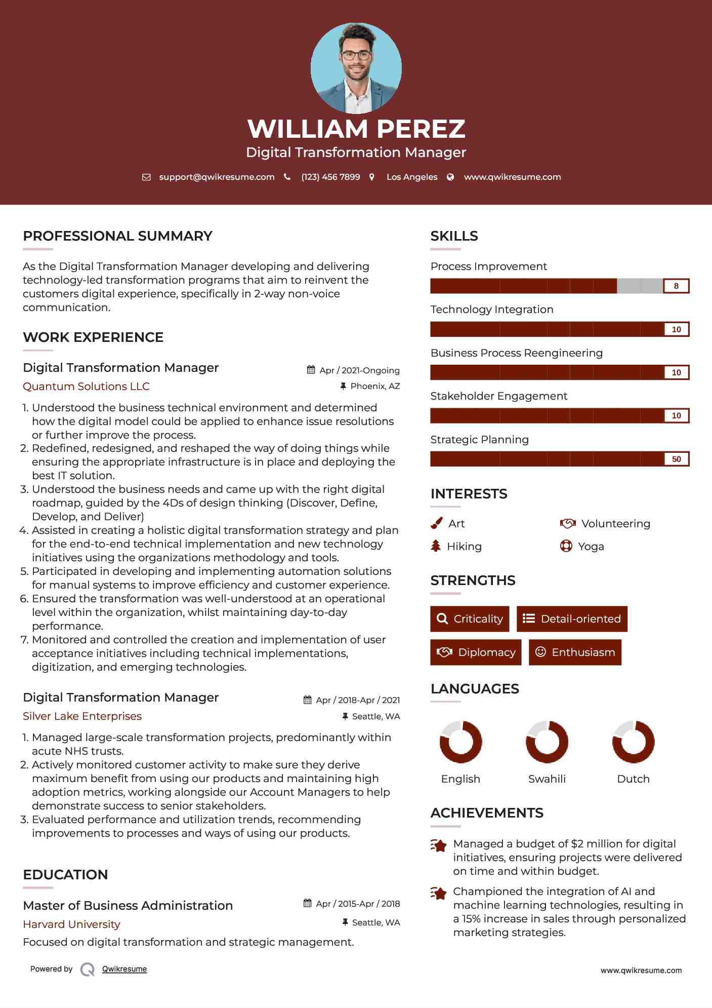 Digital Transformation Manager Resume Sample