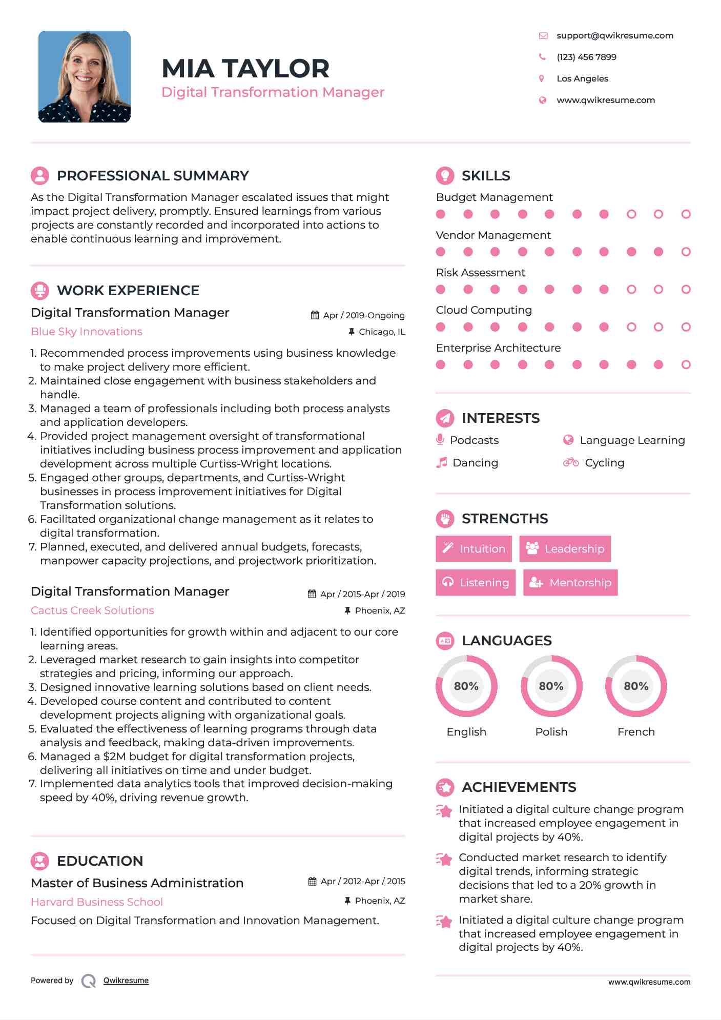 Digital Transformation Manager Resume Format