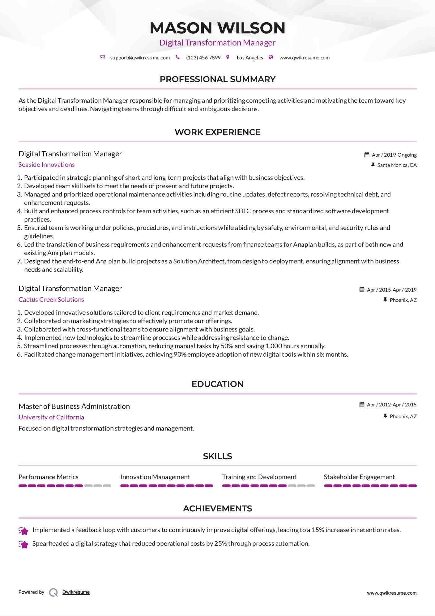 Digital Transformation Manager Resume Sample