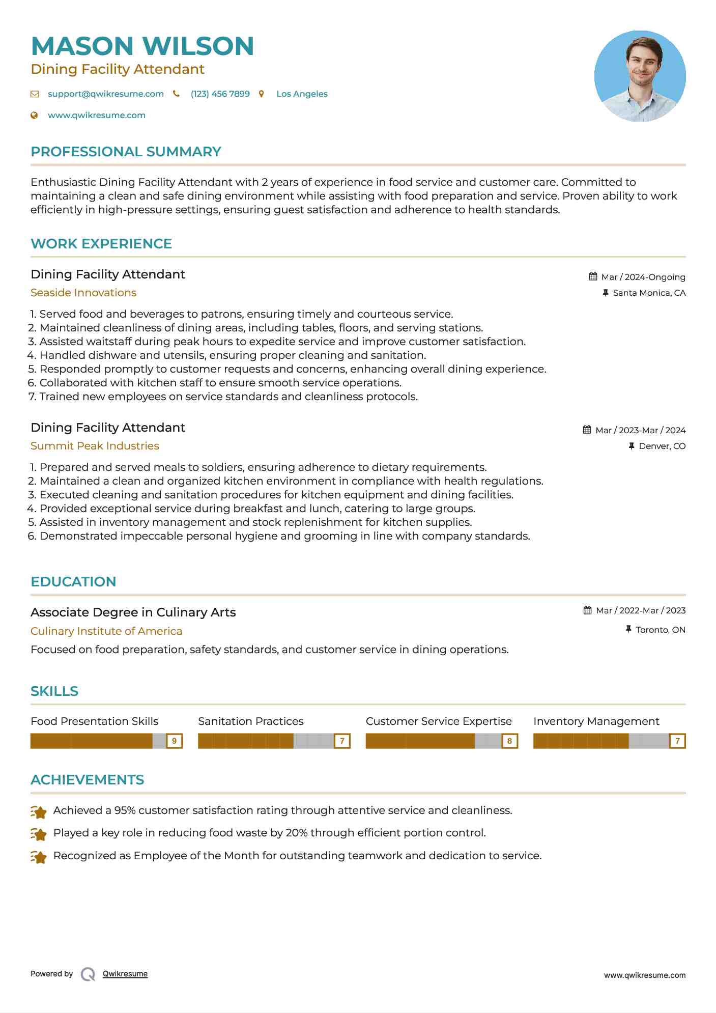Dining Facility Attendant Resume Format