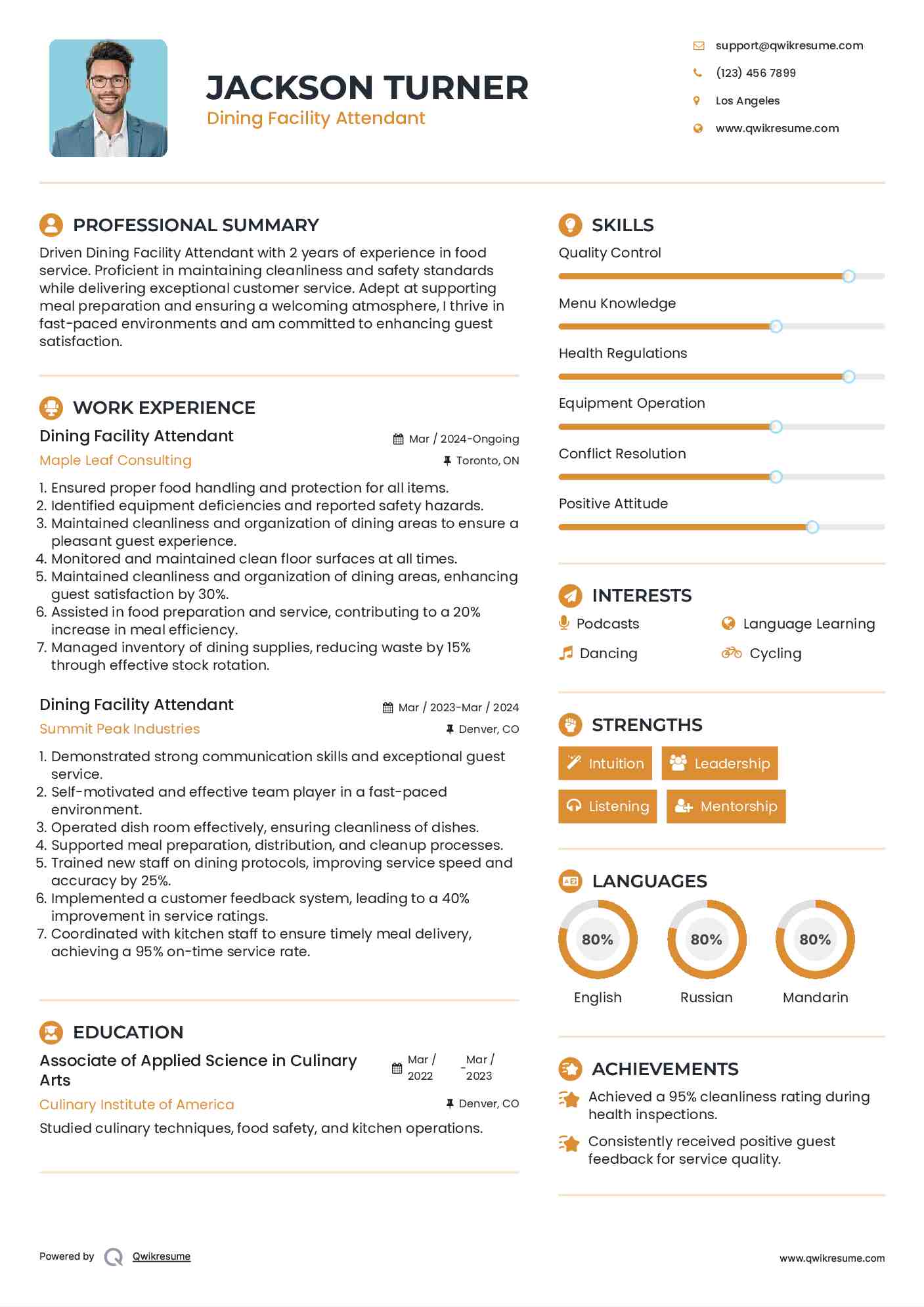 Dining Facility Attendant Resume Model