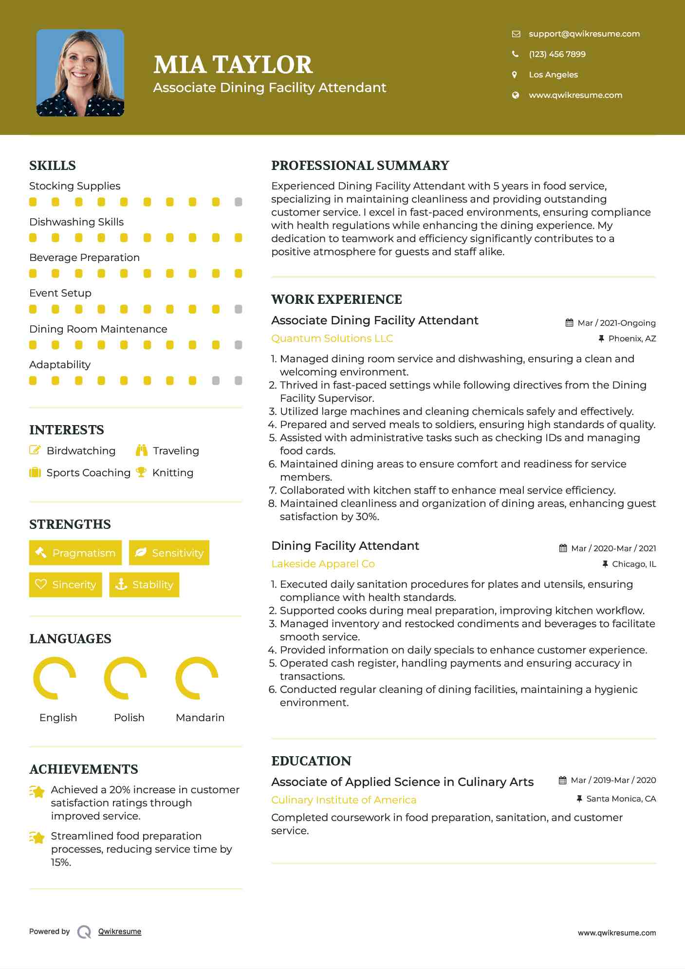 Associate Dining Facility Attendant Resume Model