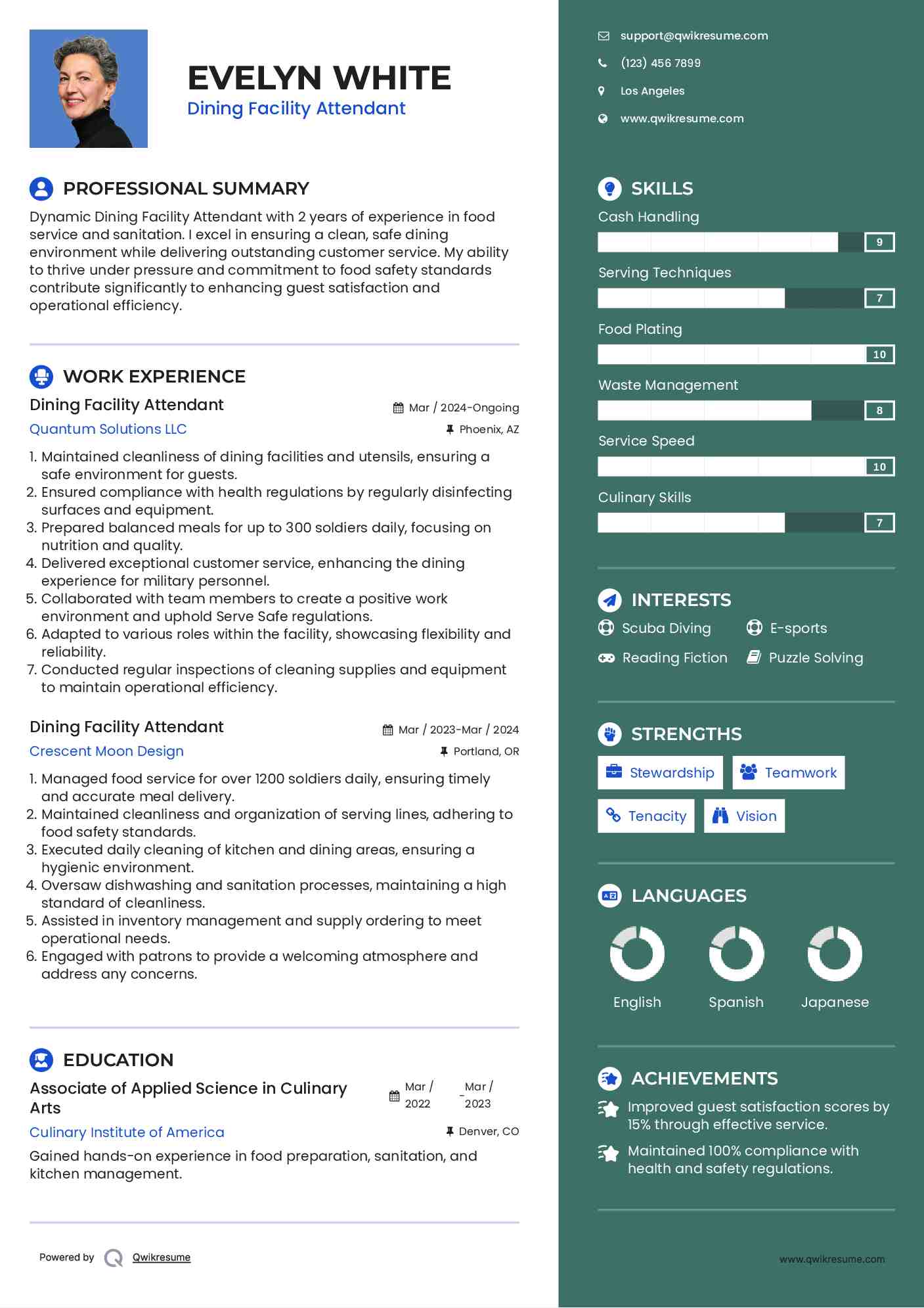 Dining Facility Attendant Resume Model