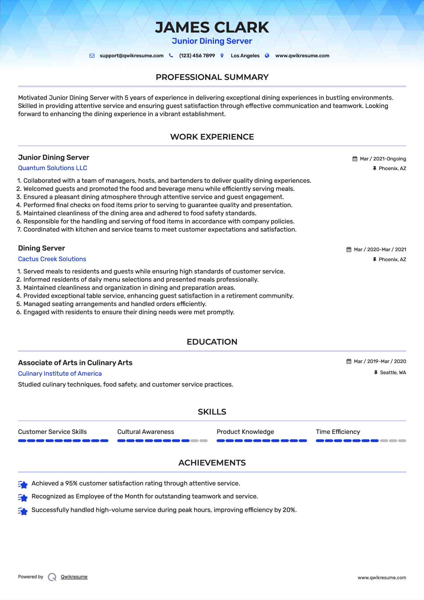 Junior Dining Server Resume Example