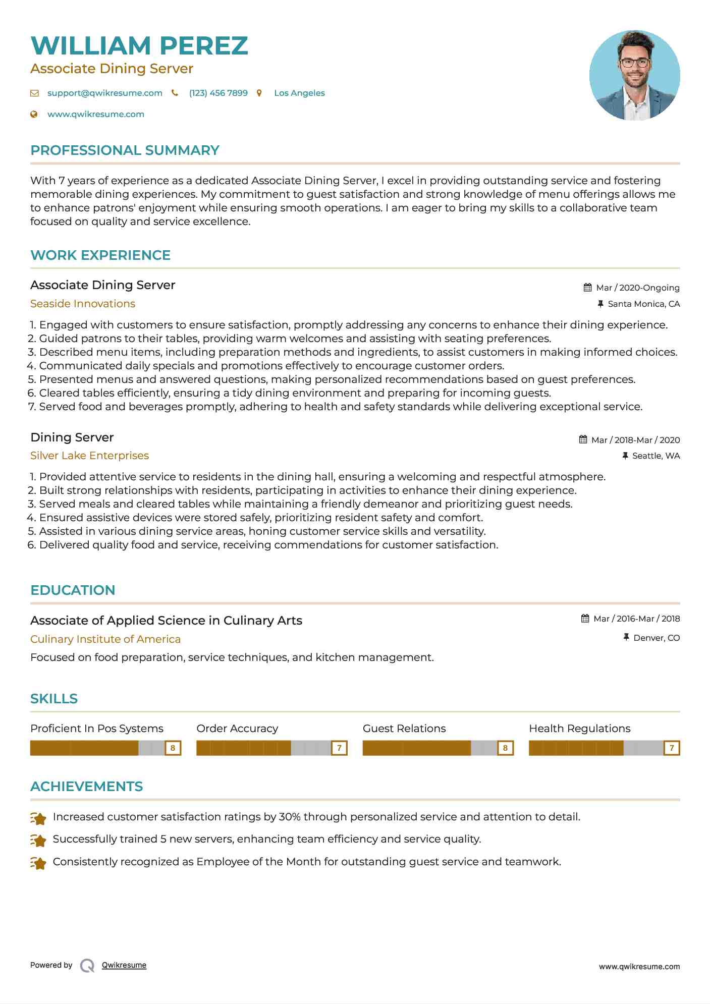 Associate Dining Server Resume Format