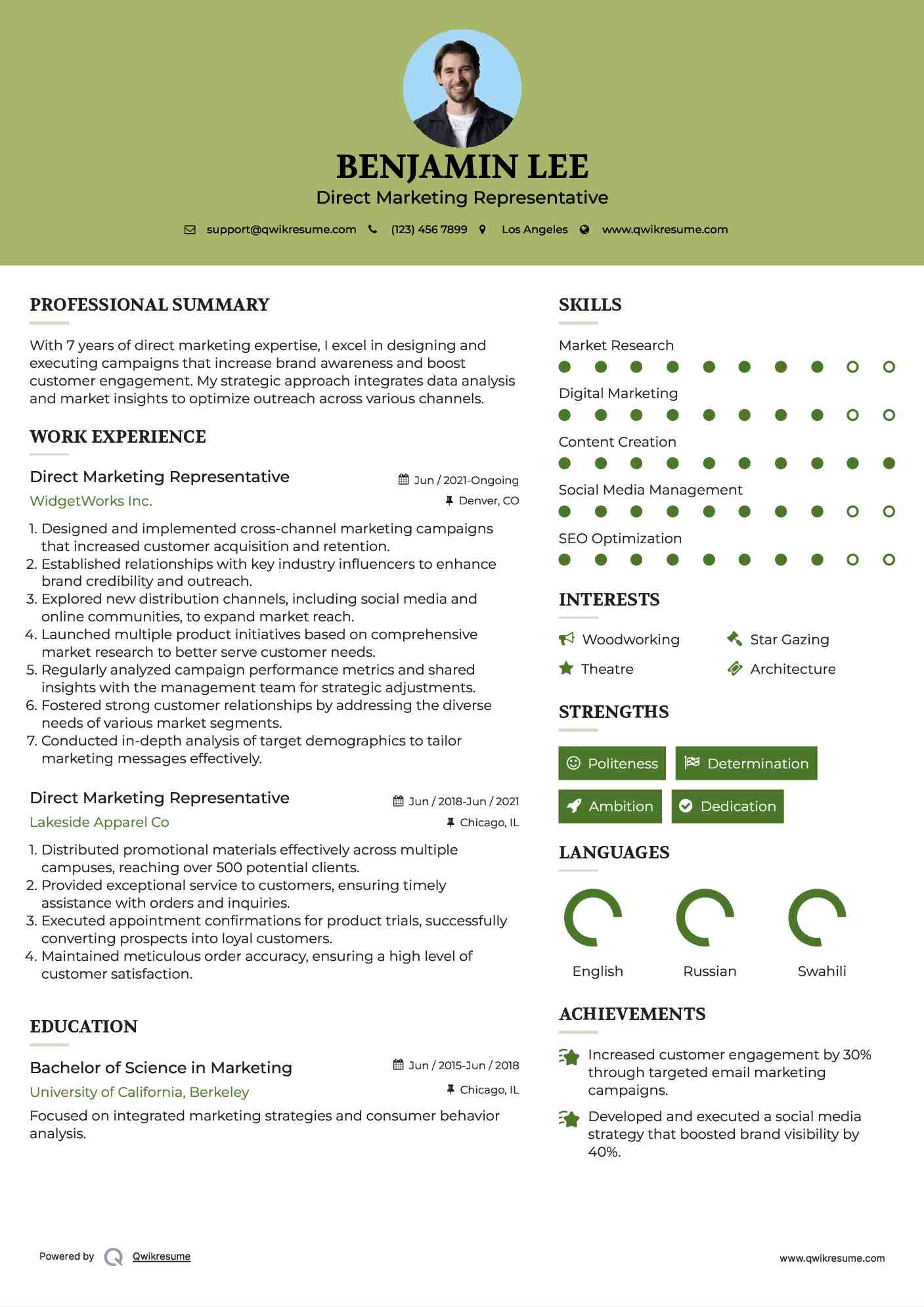 Direct Marketing Representative Resume Sample