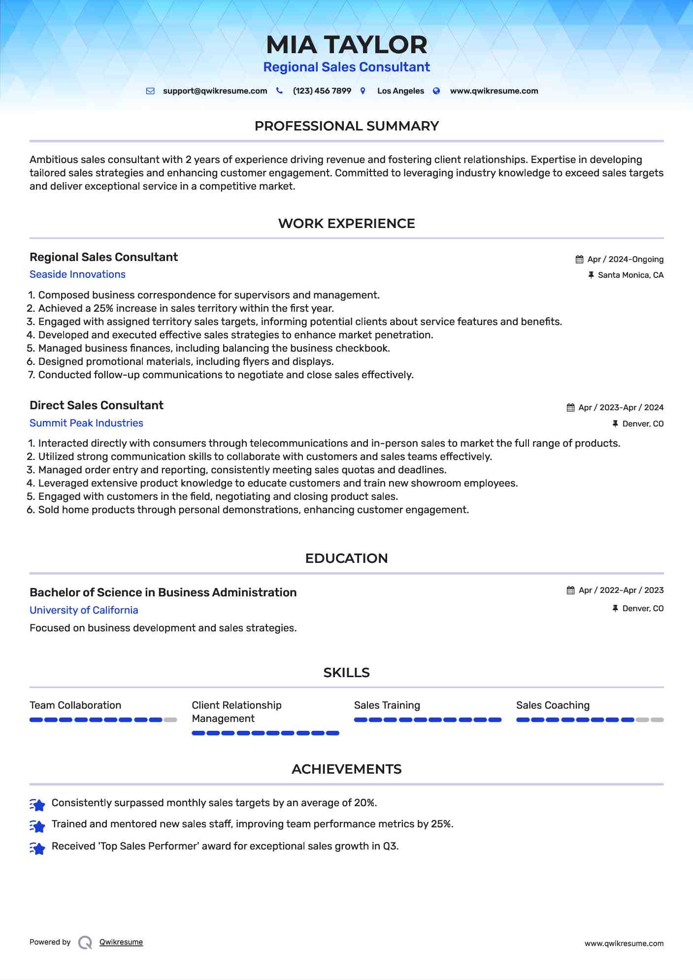 Regional Sales Consultant Resume Example