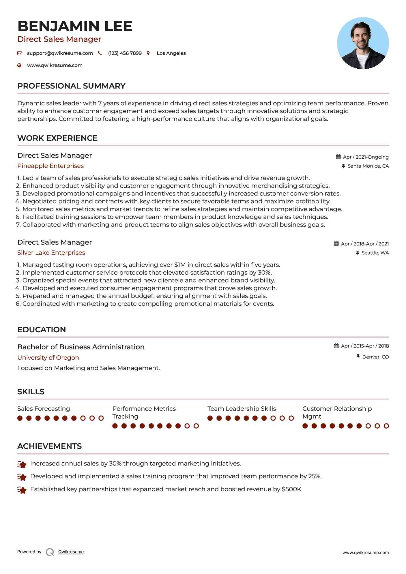 Direct Sales Manager Resume Sample