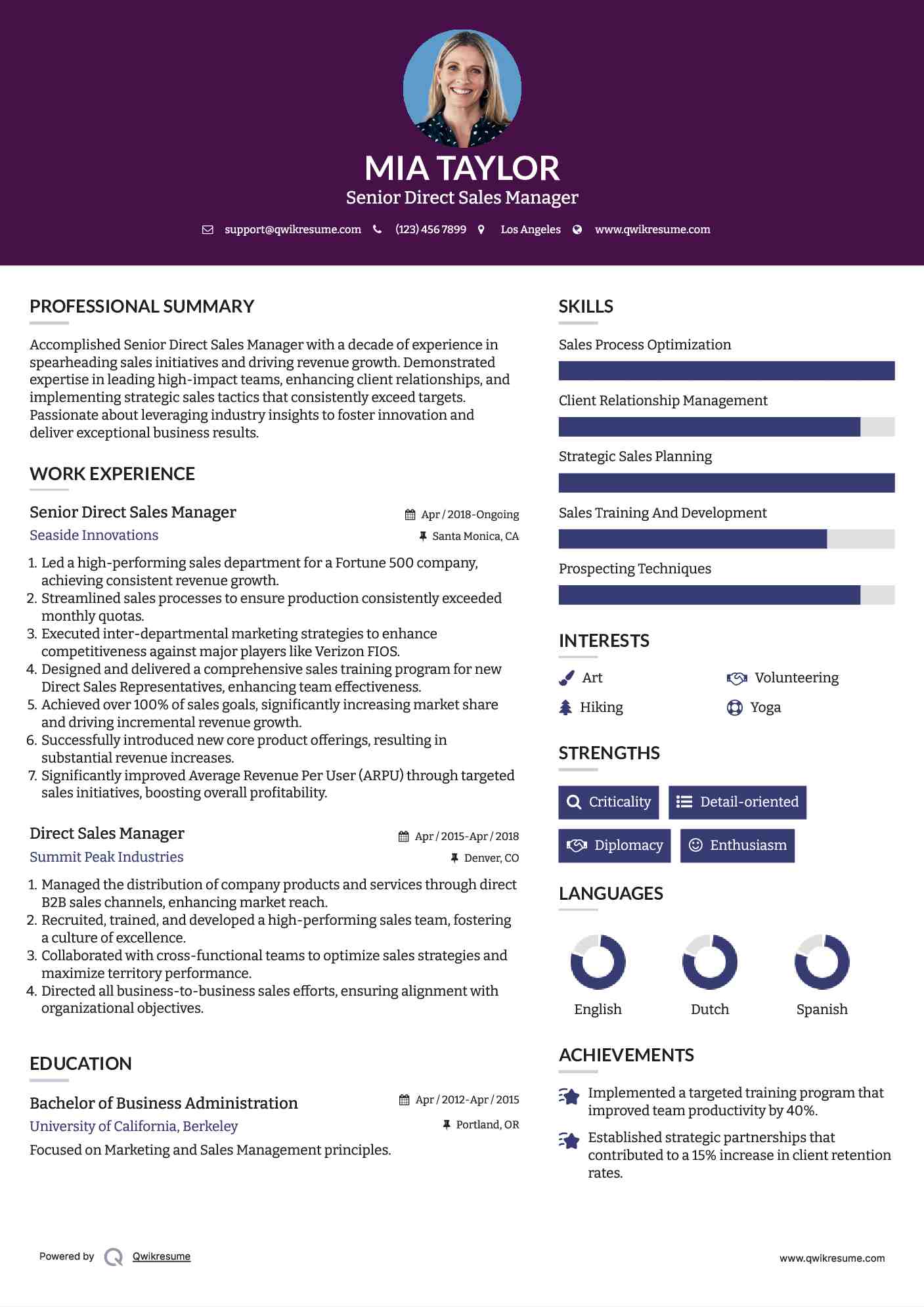 Senior Direct Sales Manager Resume Model