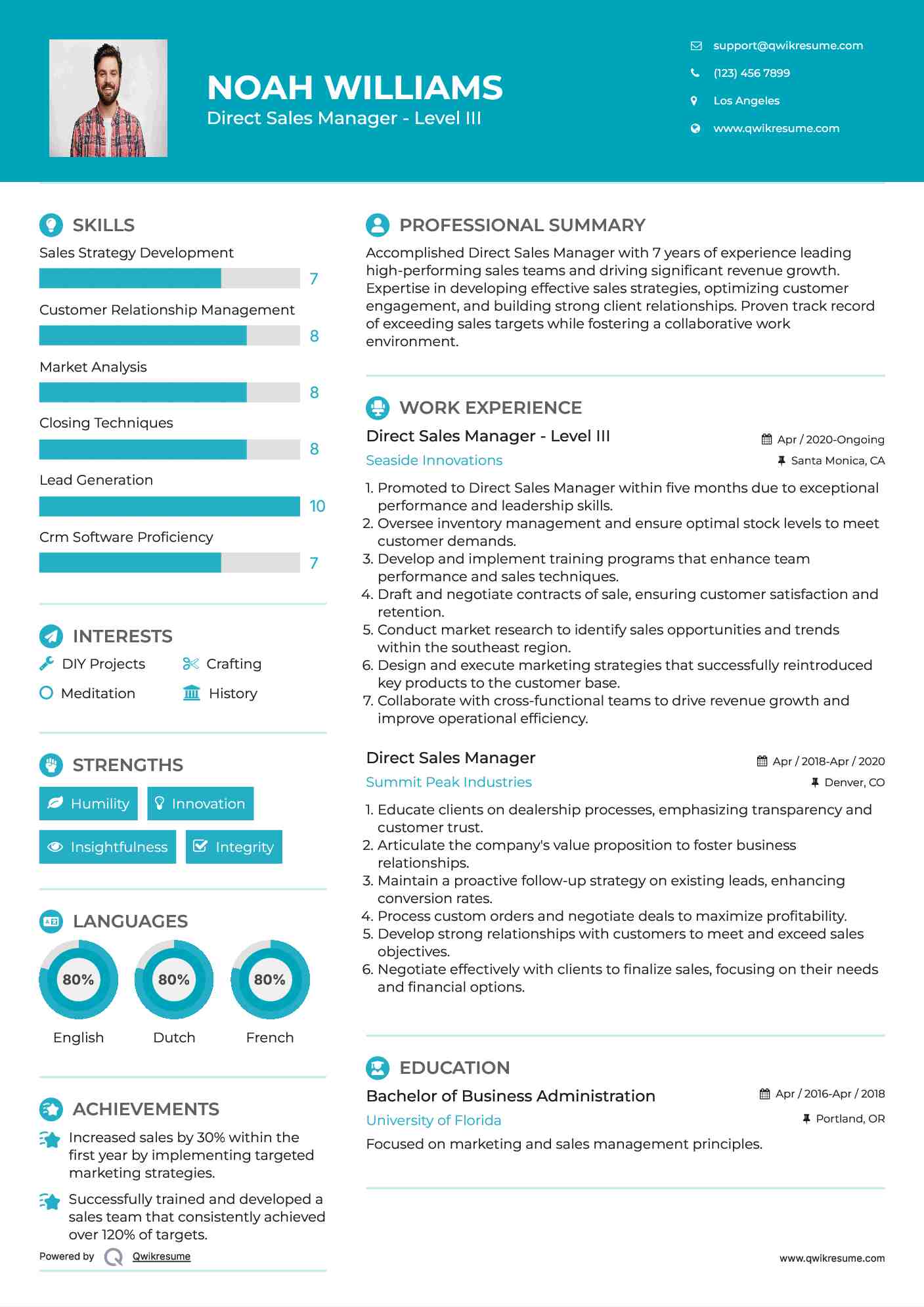Direct Sales Manager - Level III Resume Model