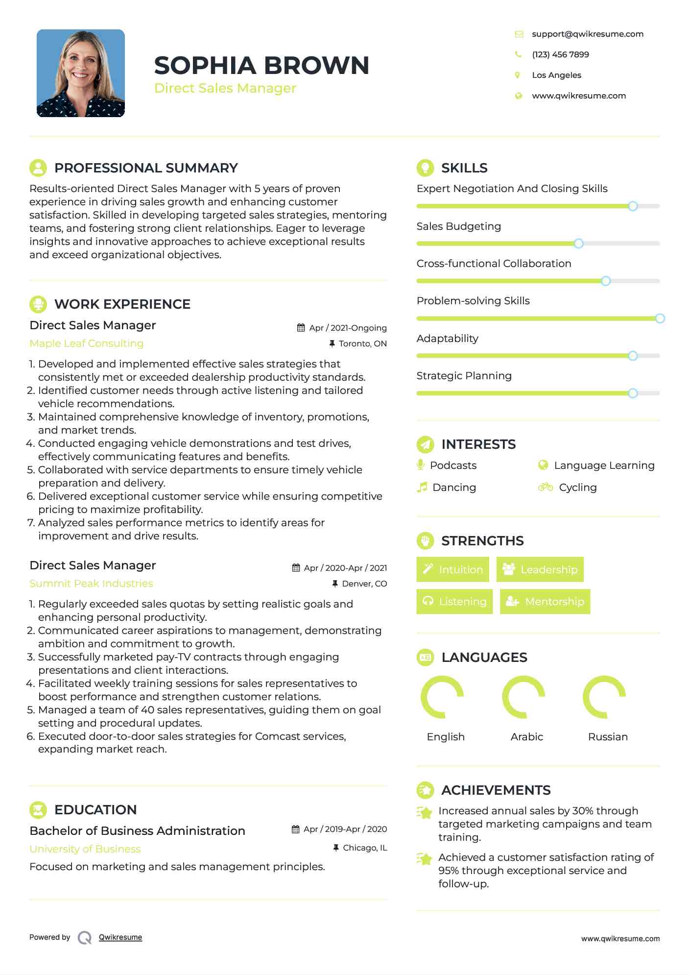 Direct Sales Manager Resume Example