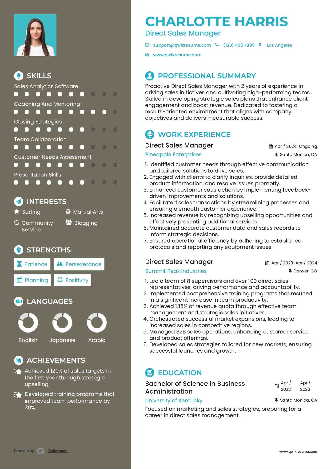 Direct Sales Manager Resume Sample