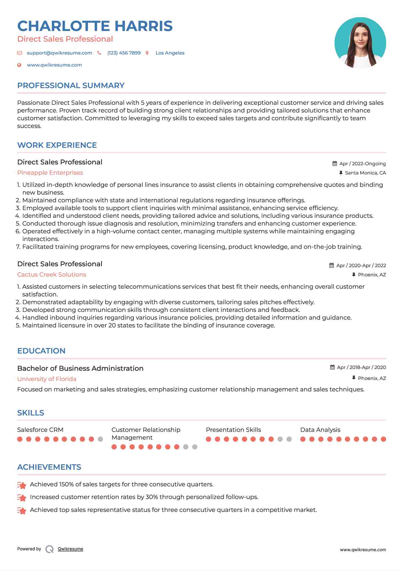 Direct Sales Professional Resume Format