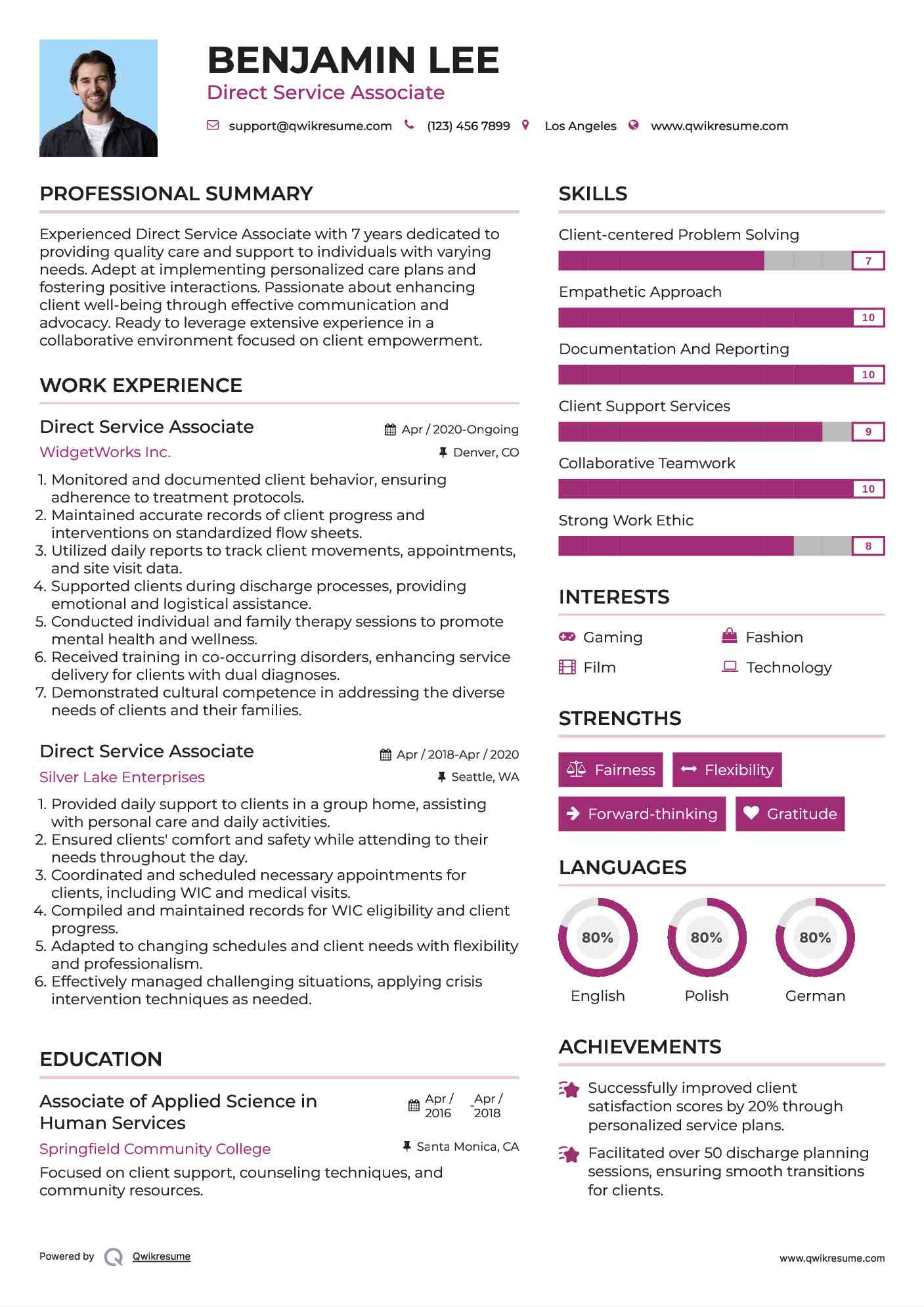 Direct Service Associate Resume Model