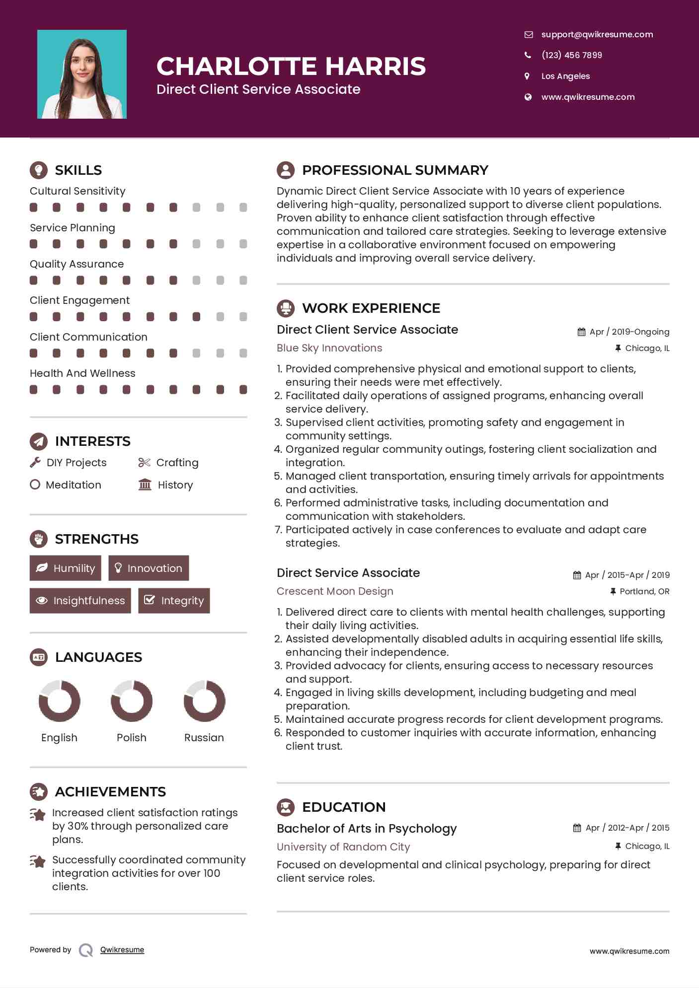 Direct Client Service Associate Resume Sample