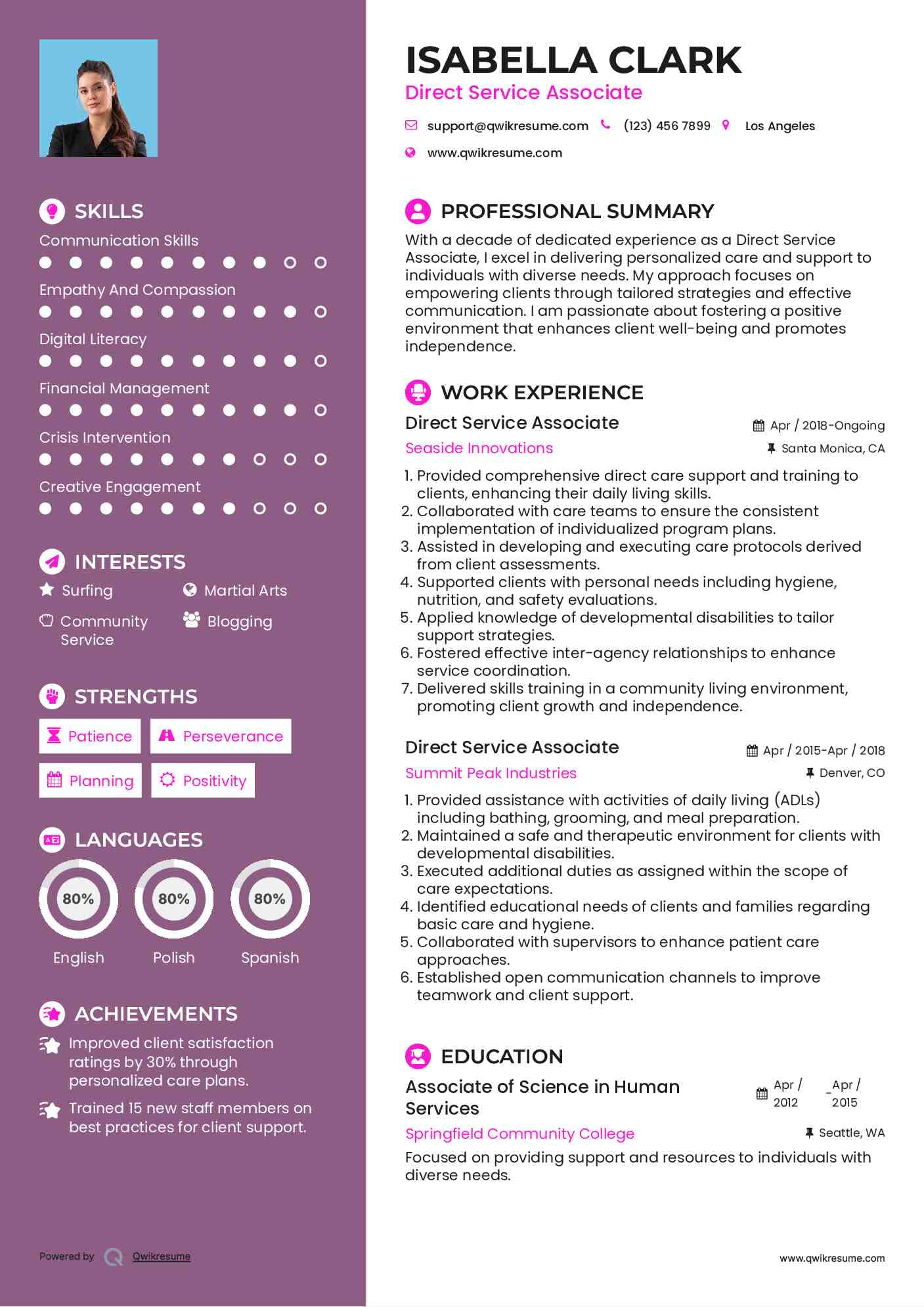 Direct Service Associate Resume Model