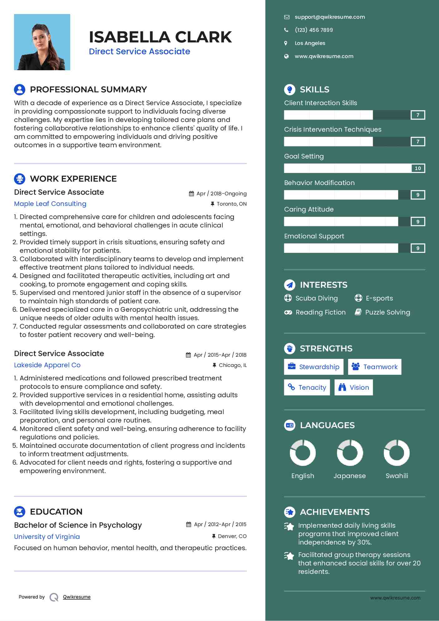 Direct Service Associate Resume Format