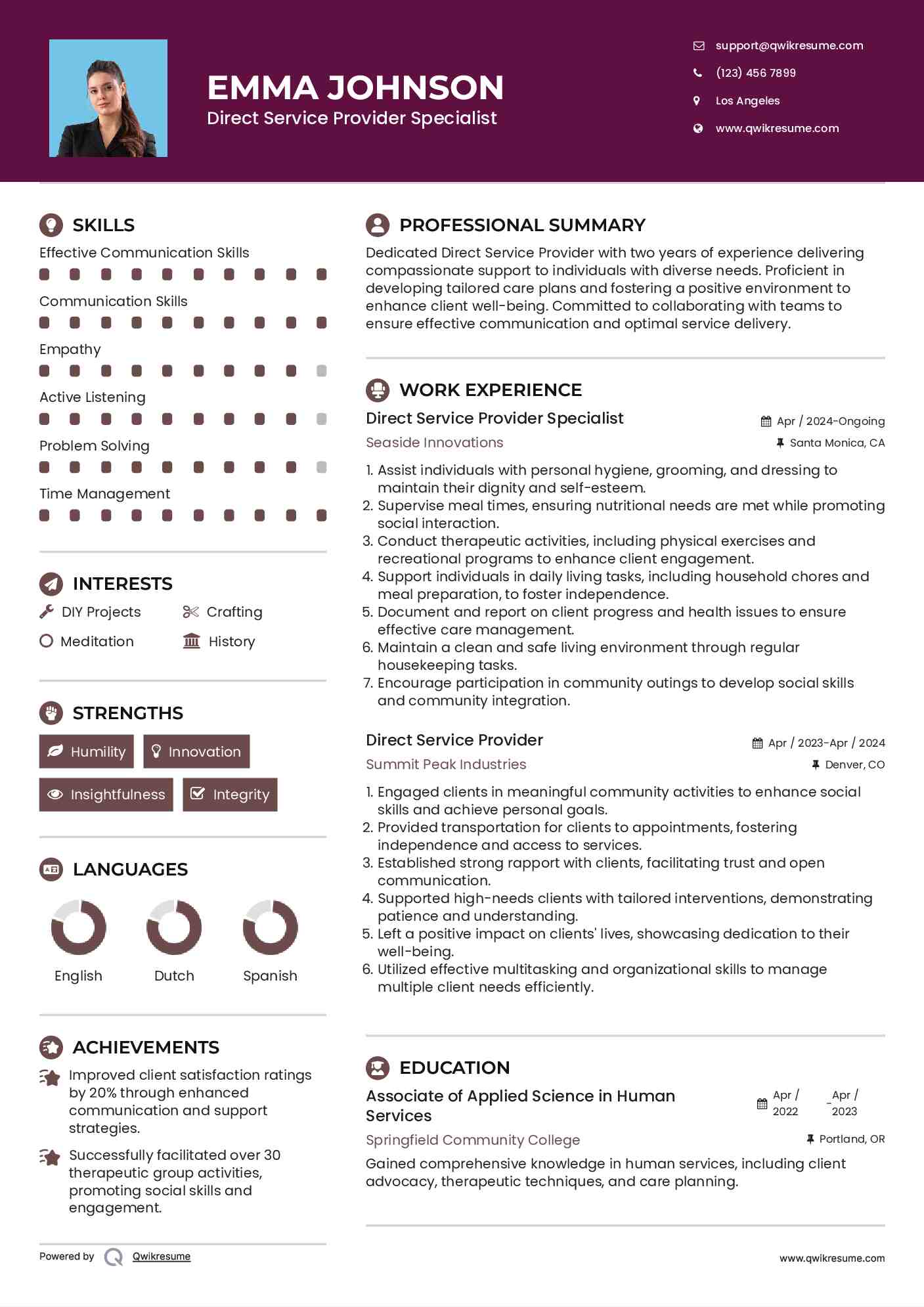 Direct Service Provider Specialist Resume Template