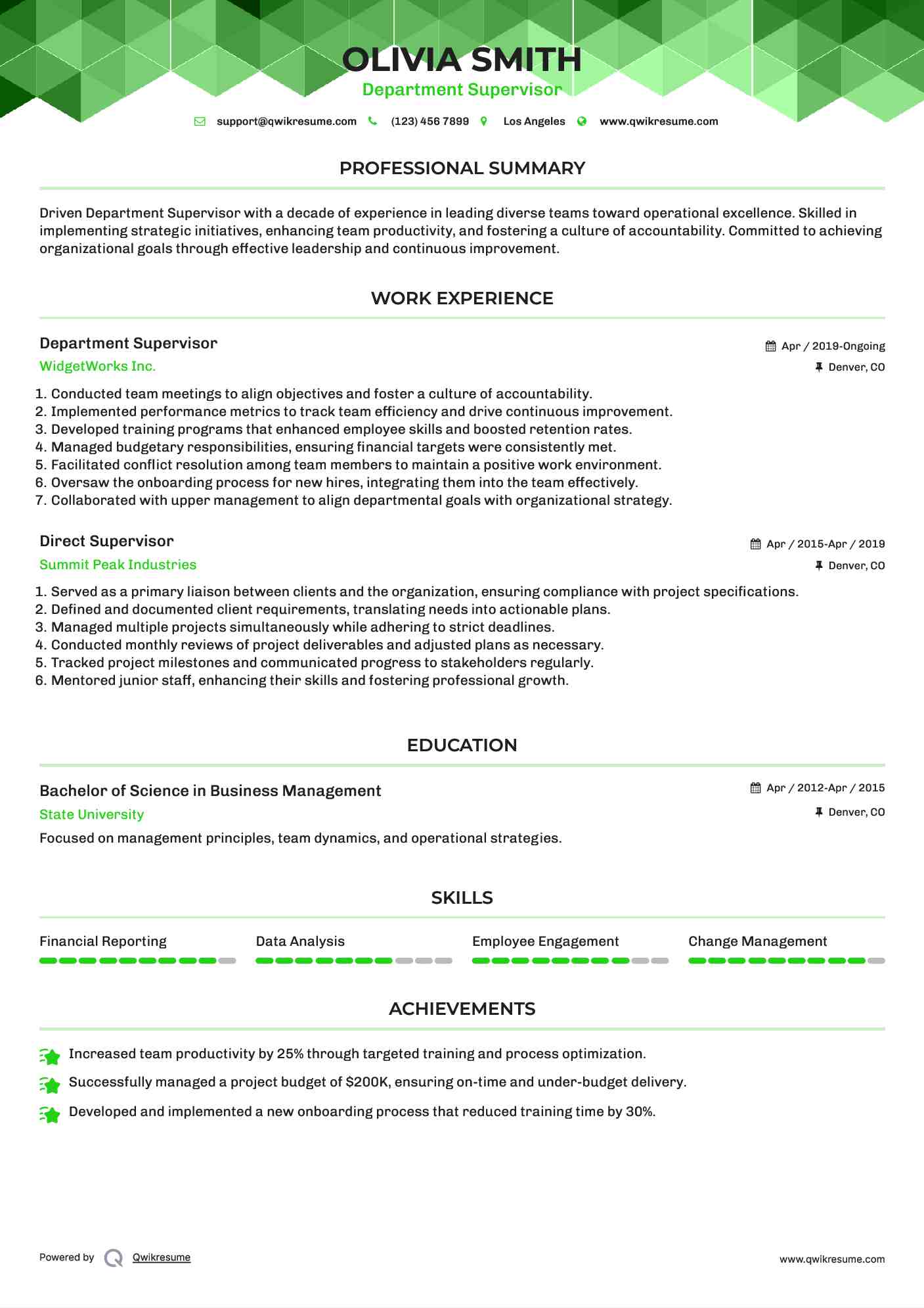Department Supervisor Resume Format